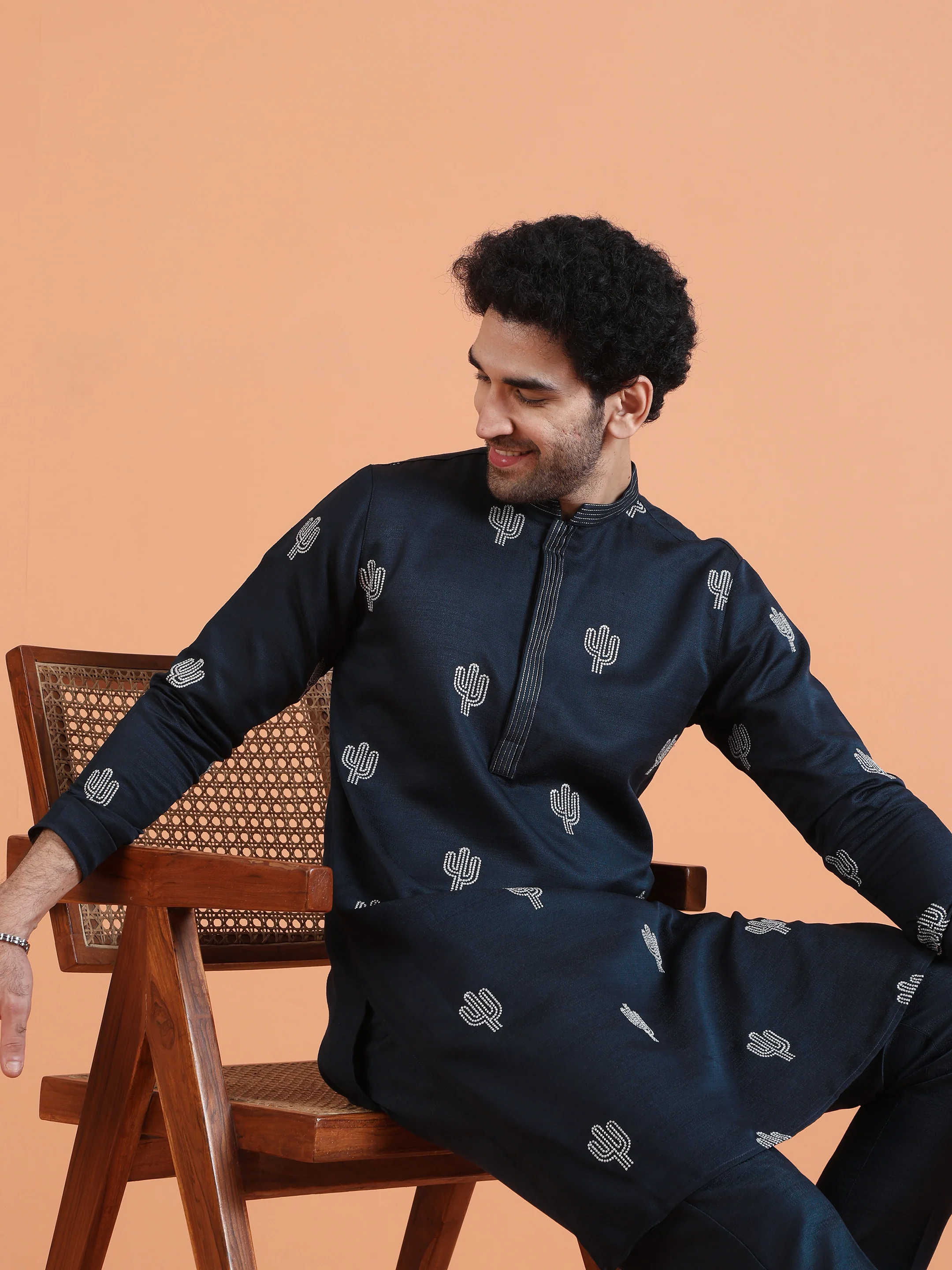 Navy Blue Embroidered Kurta with Navy Trouser Set – Contemporary Wear - Image 7