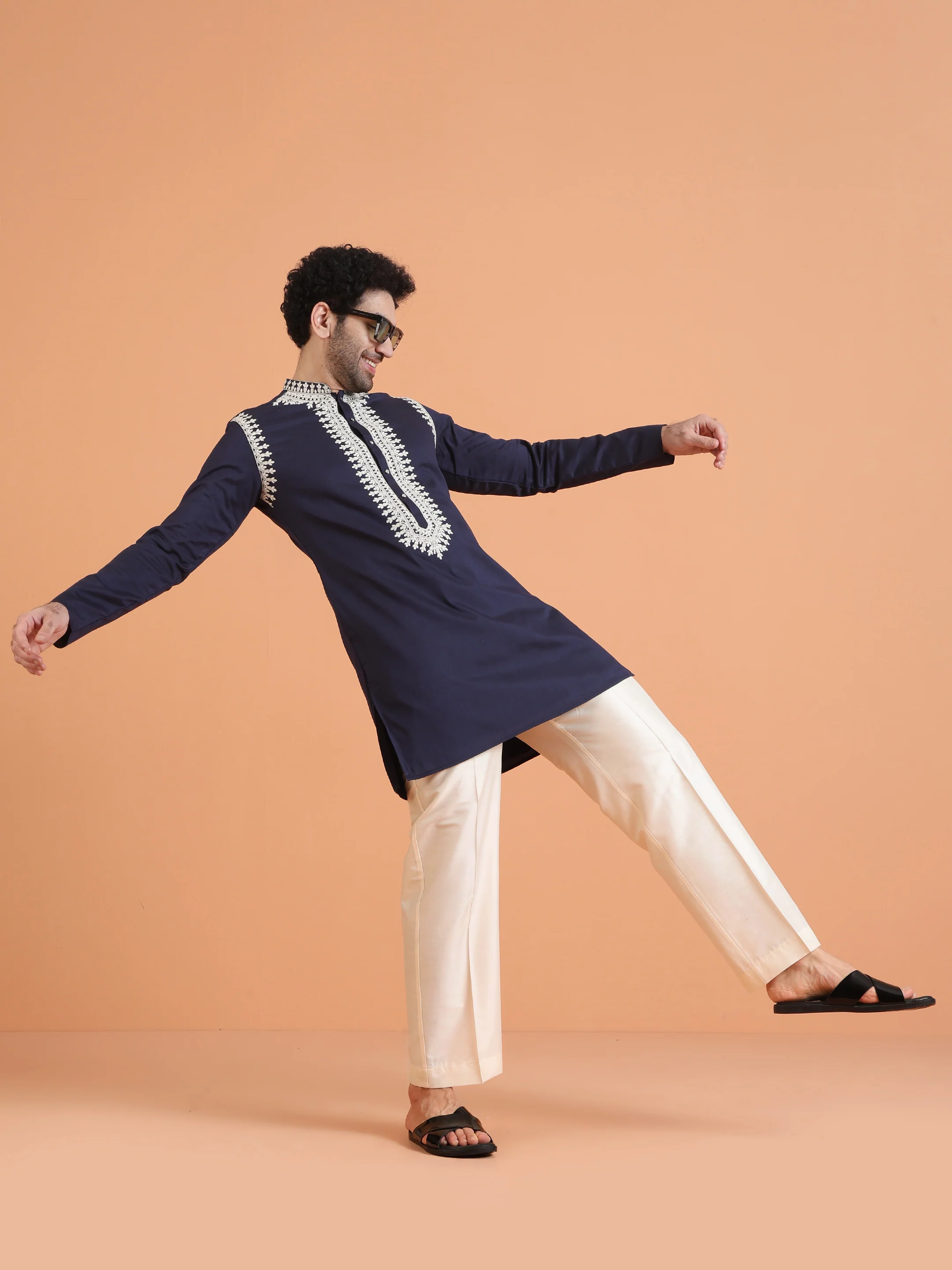 Navy Blue Embroidered Mid Kurta