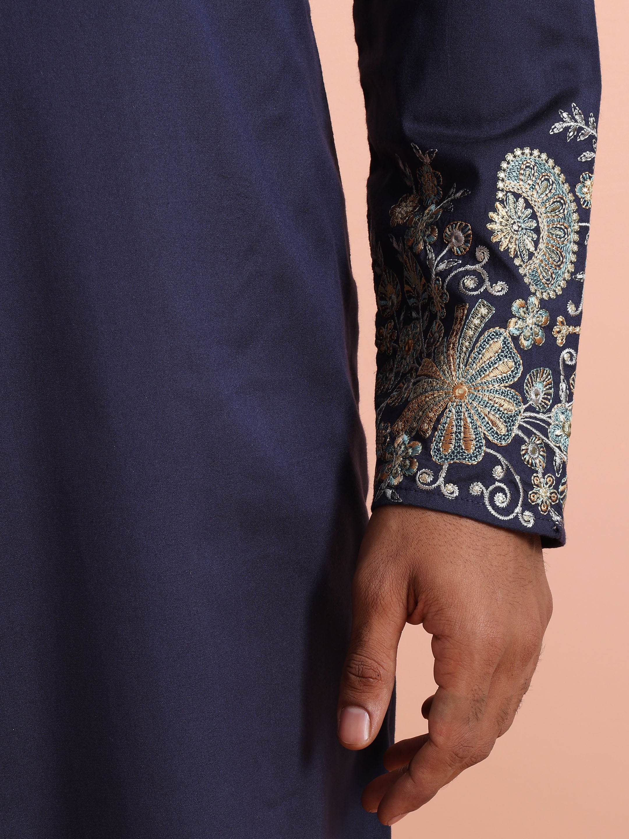 Navy Blue Floral Embroidered Kurta Trouser Set - Image 6
