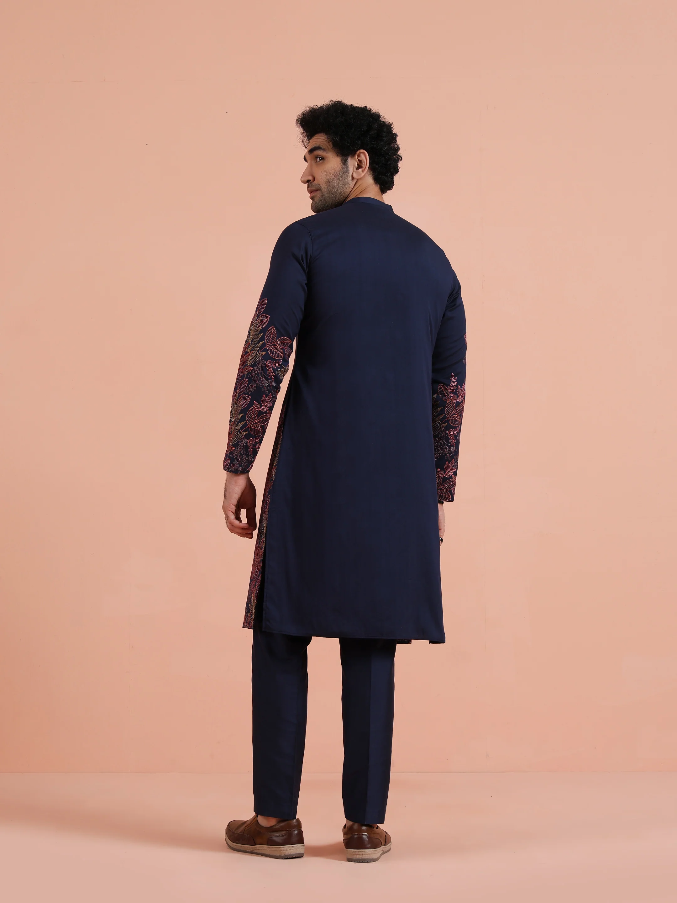 Navy Blue Floral Embroidered Kurta Trouser Set - Image 4