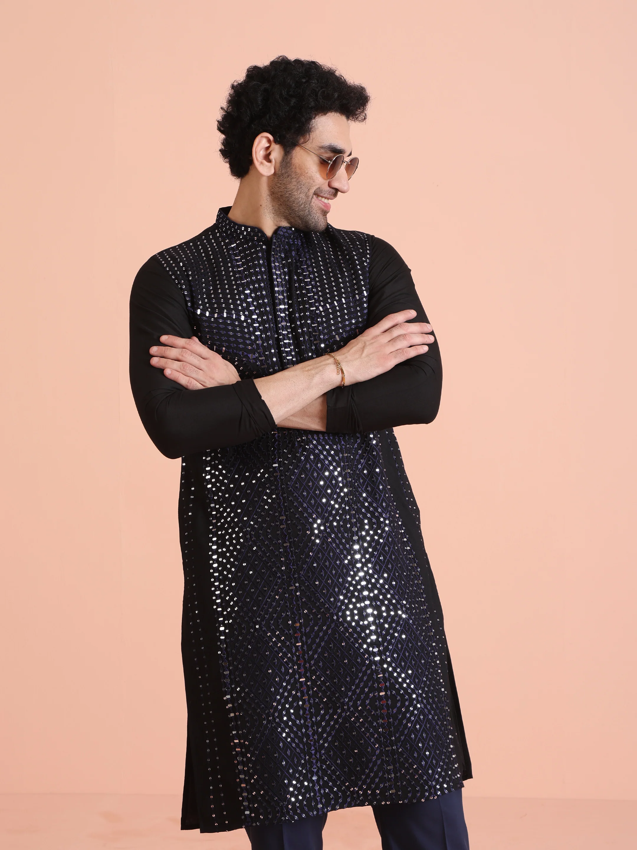 Navy Blue Poly Silk Embellished Kurta