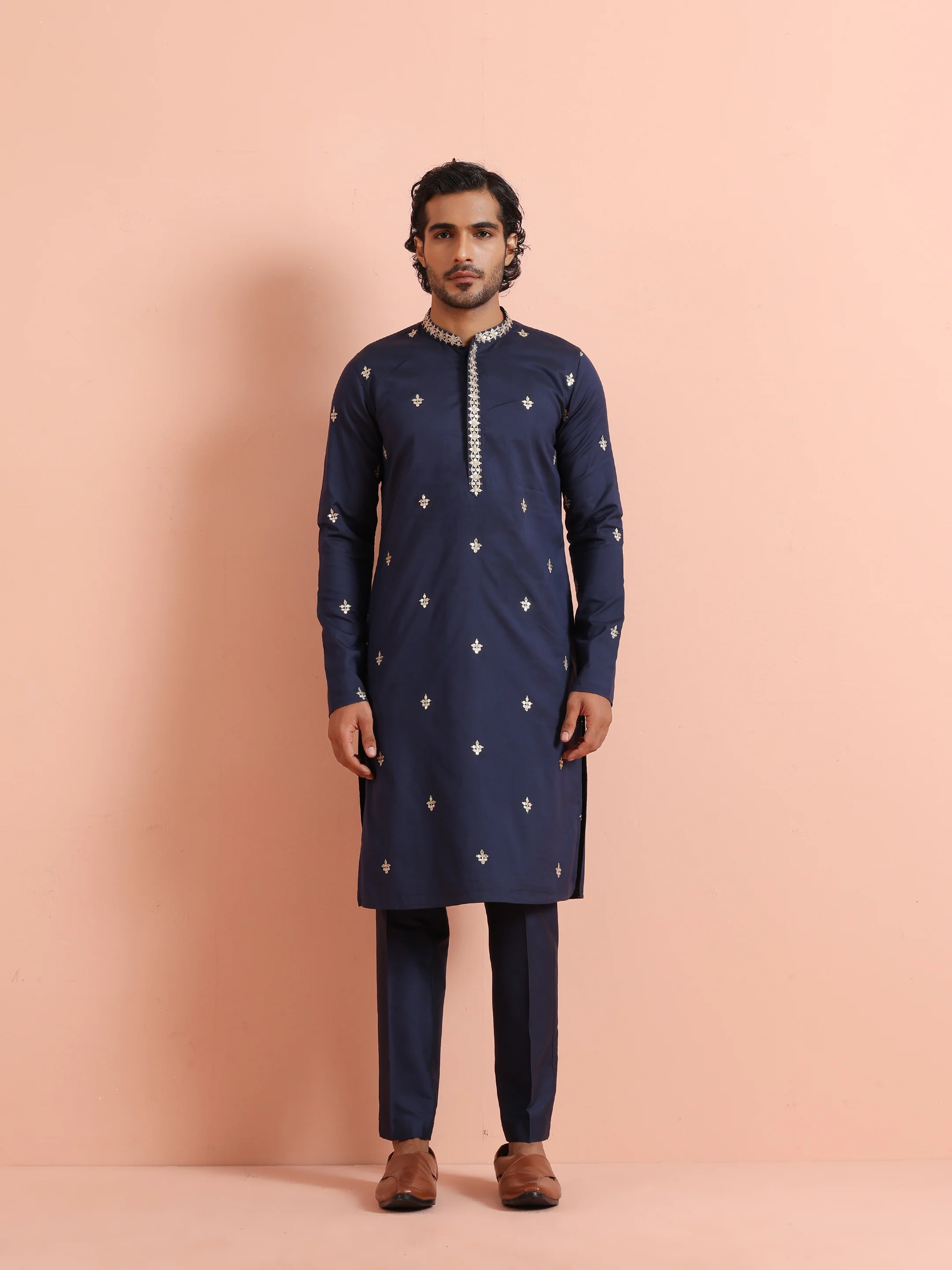 Navy Blue Poly Silk Embroidered Long Kurta - Image 6
