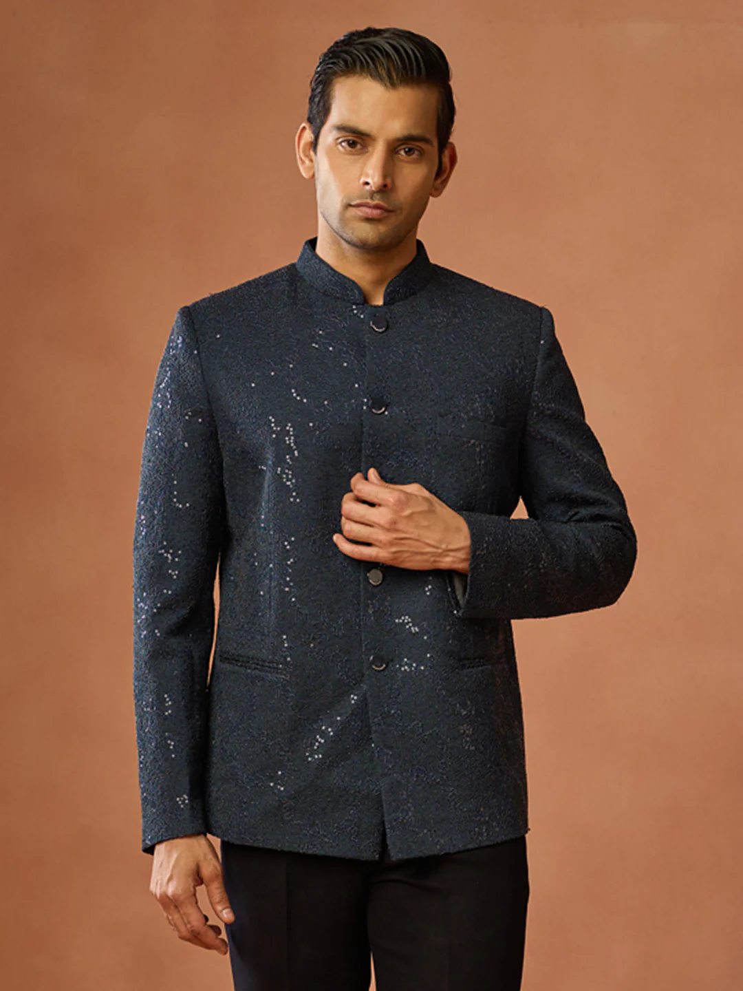 Navy Blue Sequinned Textured Bandhgala Jodhpuri