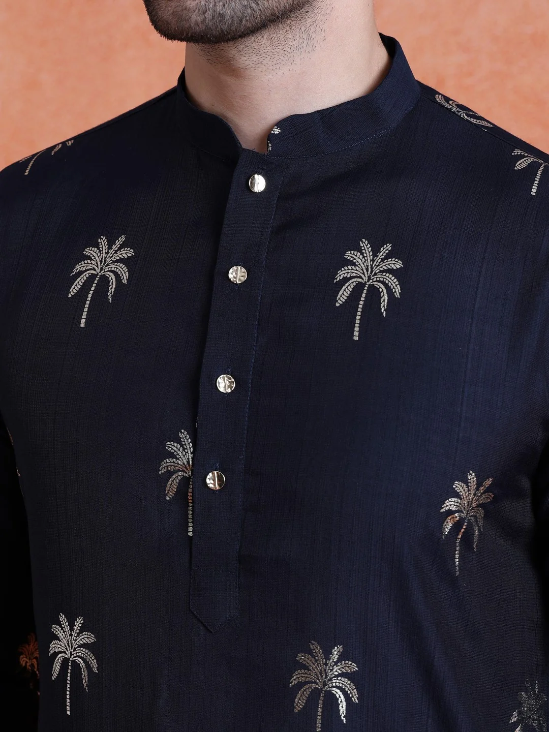 Navy Blue Polyrayon Gold Print Kurta Wide Leg Trouser Set - Image 4