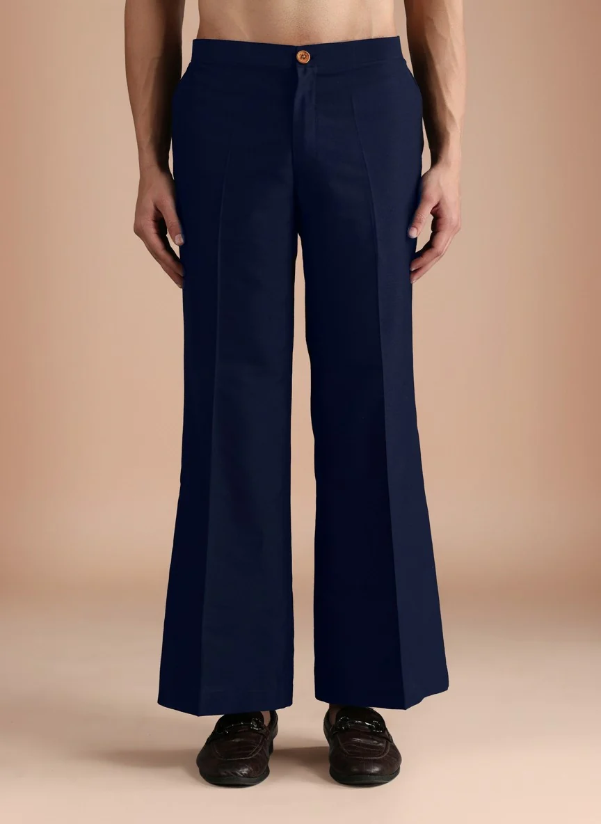 Navy Blue Polyrayon Gold Print Kurta Wide Leg Trouser Set - Image 5
