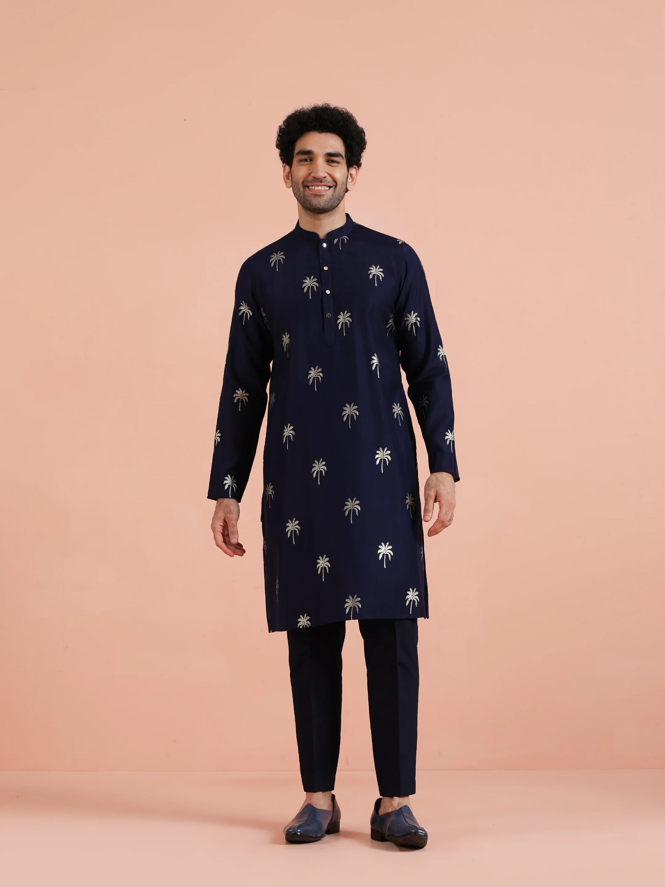 Navy Blue Polyrayon Gold Printed Kurta Trouser Set - Image 8
