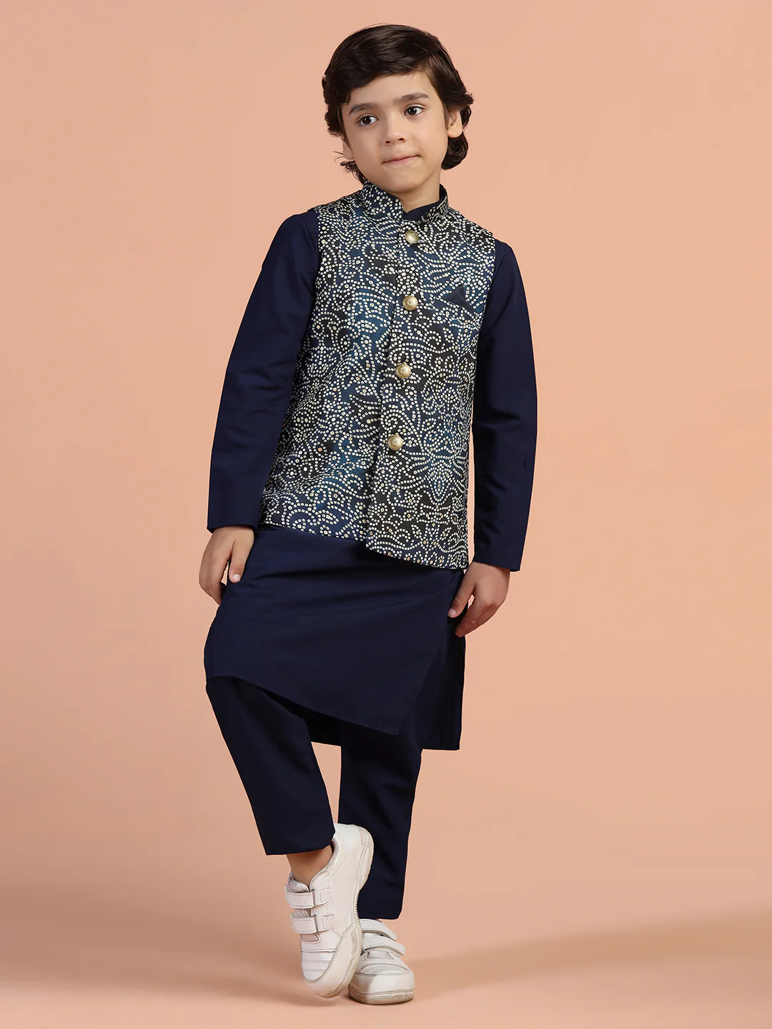 Navy Blue Printed Kids Kurta Jacket Set