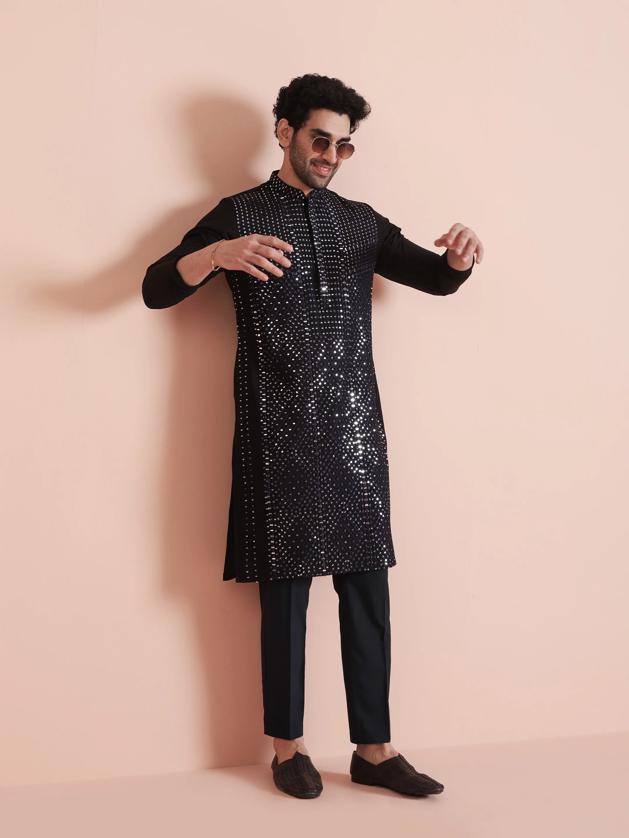 Navy Blue Sequin Embellished Kurta Set