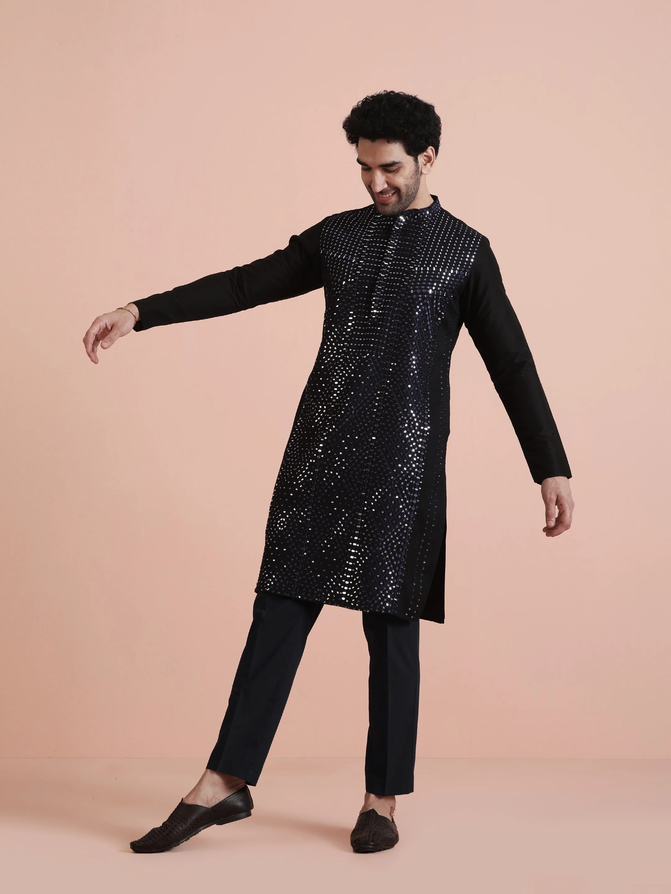 Navy Blue Sequin Embellished Kurta Set - Image 2