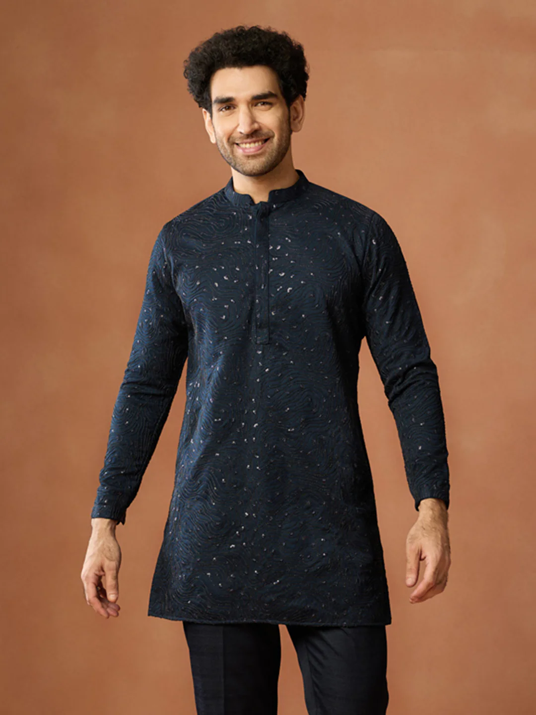 Navy Blue Silk Blend Embroidered Mid Kurta