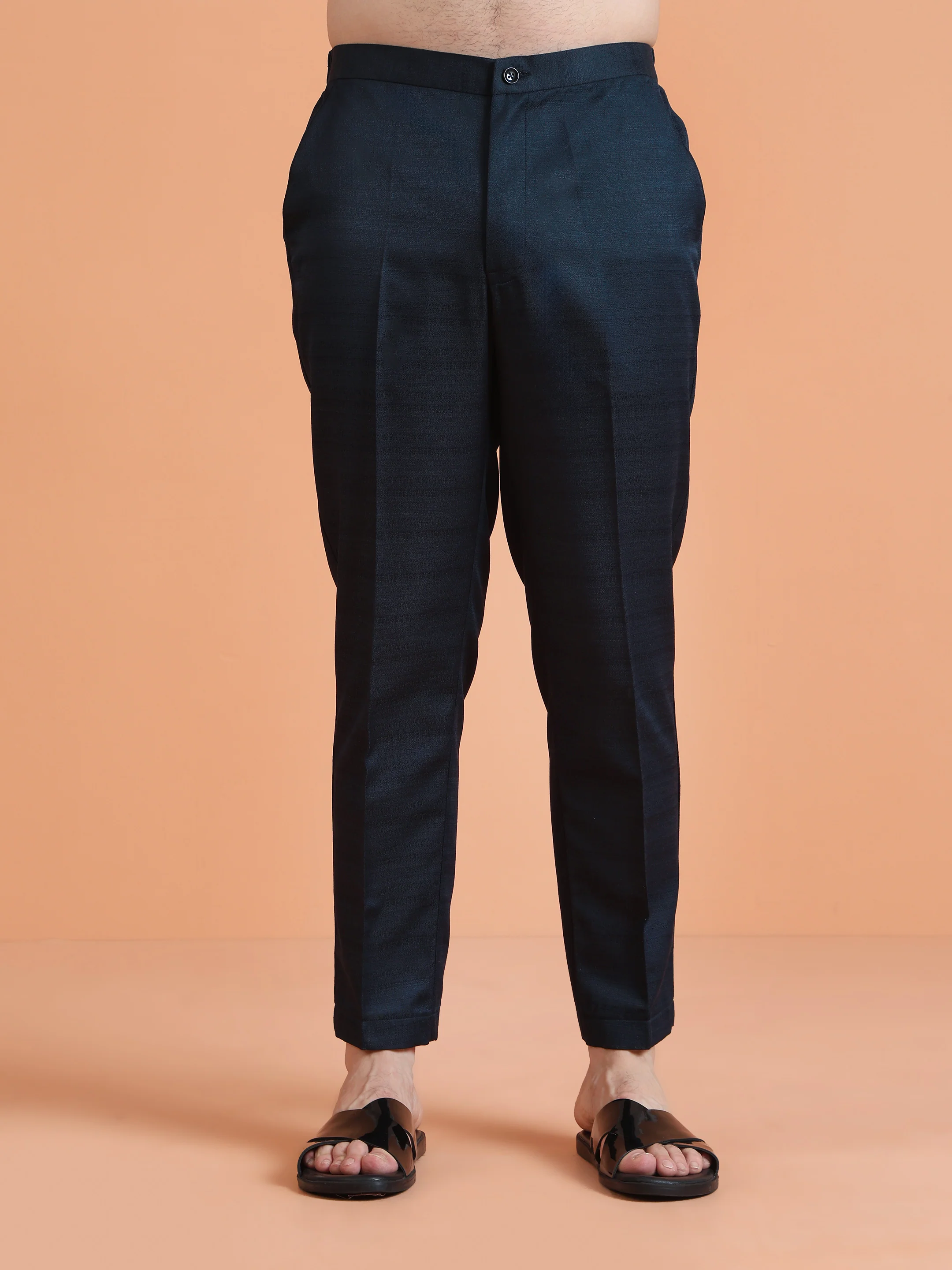 Navy Blue Silk Blend Solid Trouser