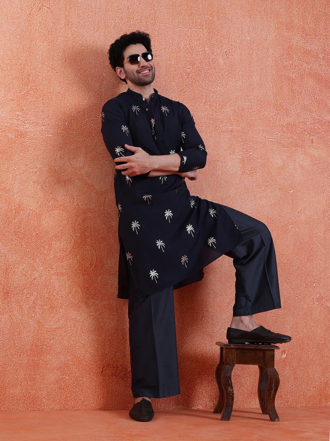 Navy Blue Silk Blend Solid Wide Leg Trouser - Image 6