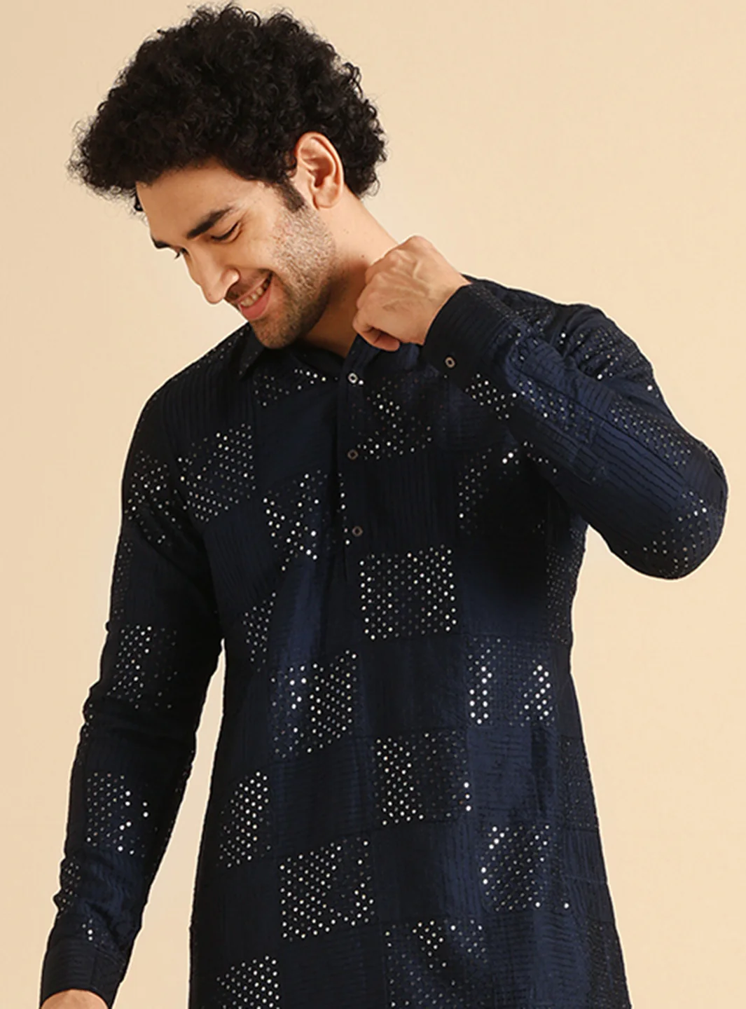 Navy Blue Silk Blend Textured Long Pathani Kurta - Image 5