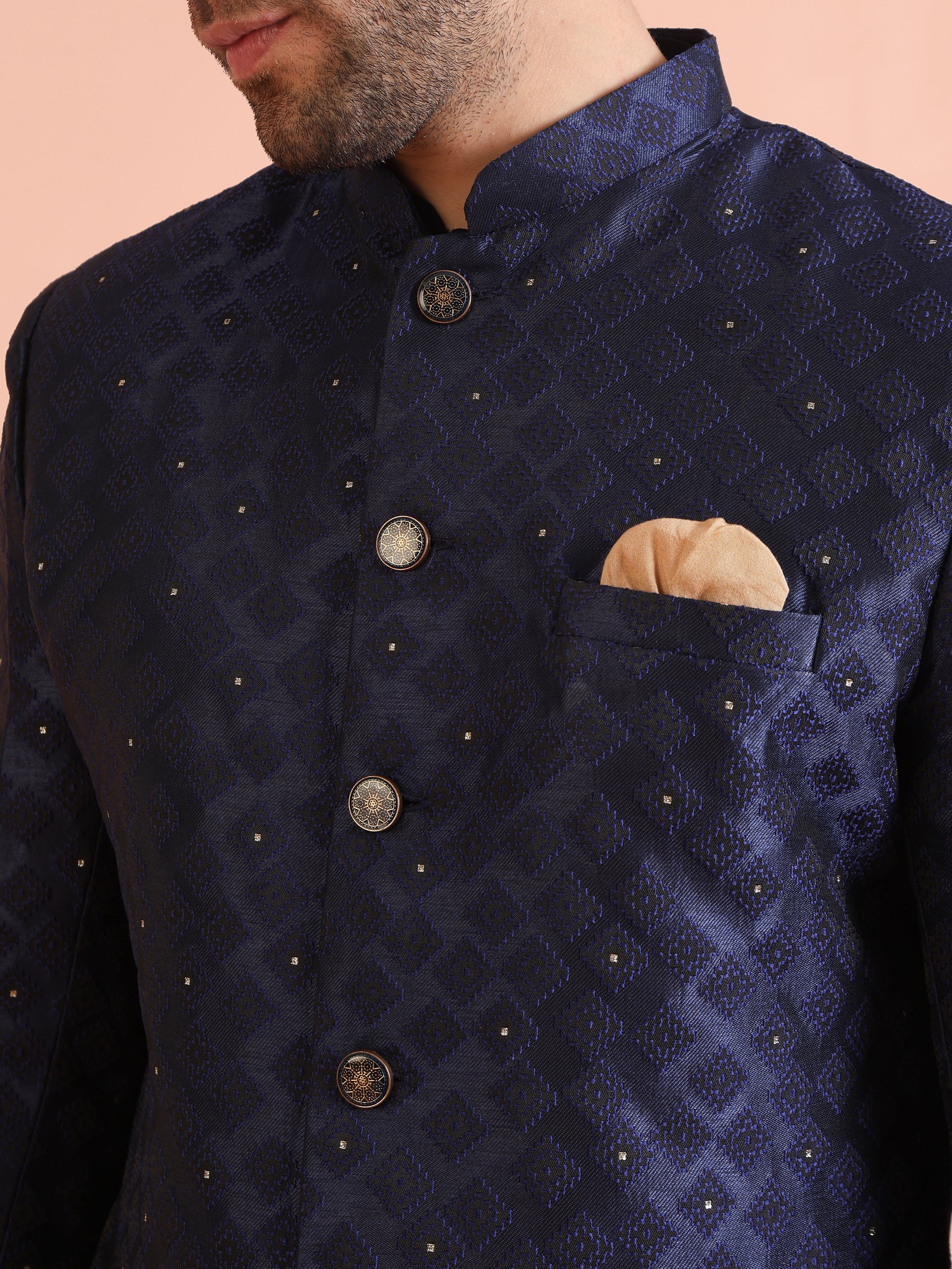 Navy Blue Silk Blend Textured Sherwani Set - Image 6