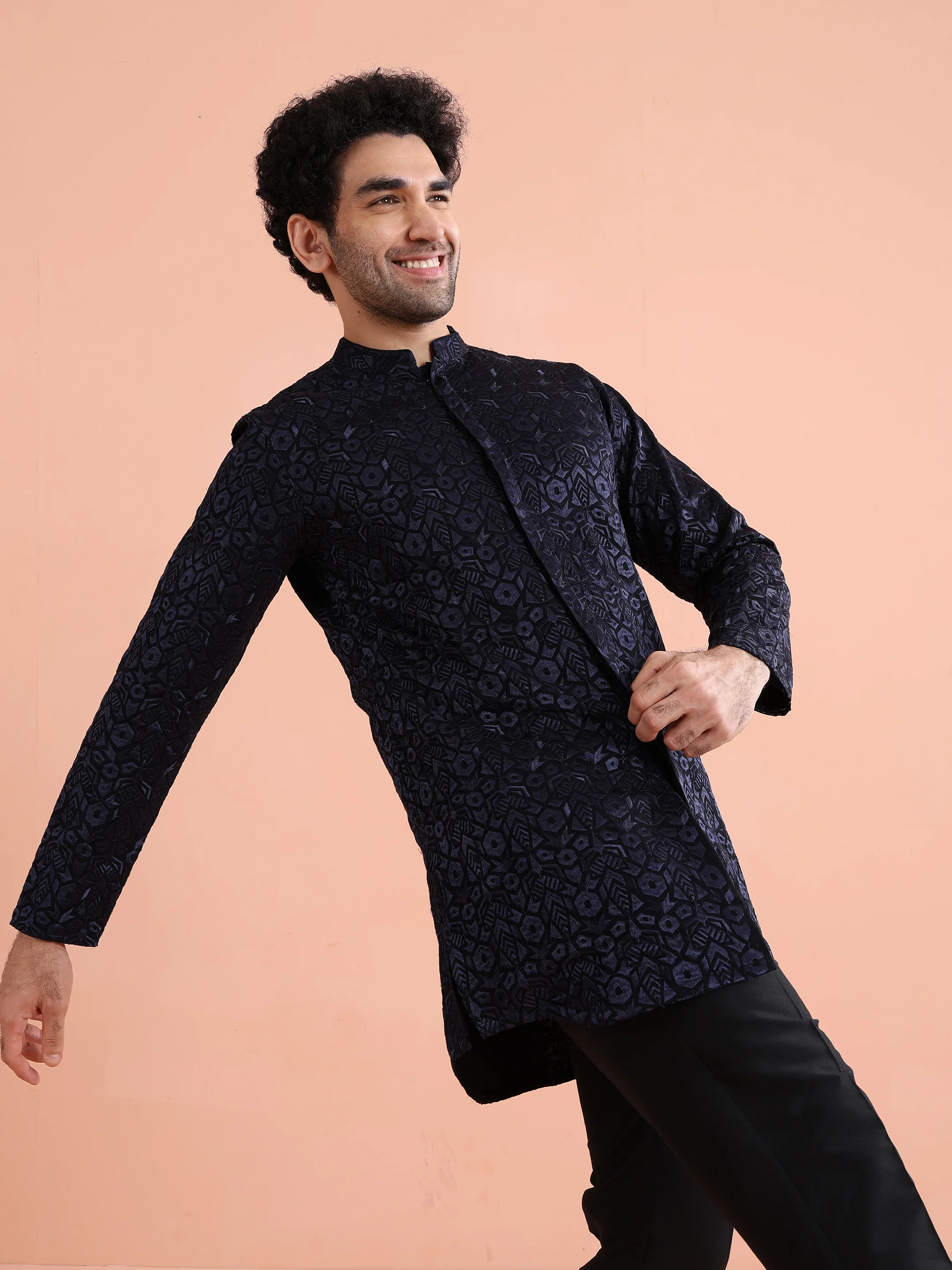 Navy Blue Velvet Embroidered Mid Kurta