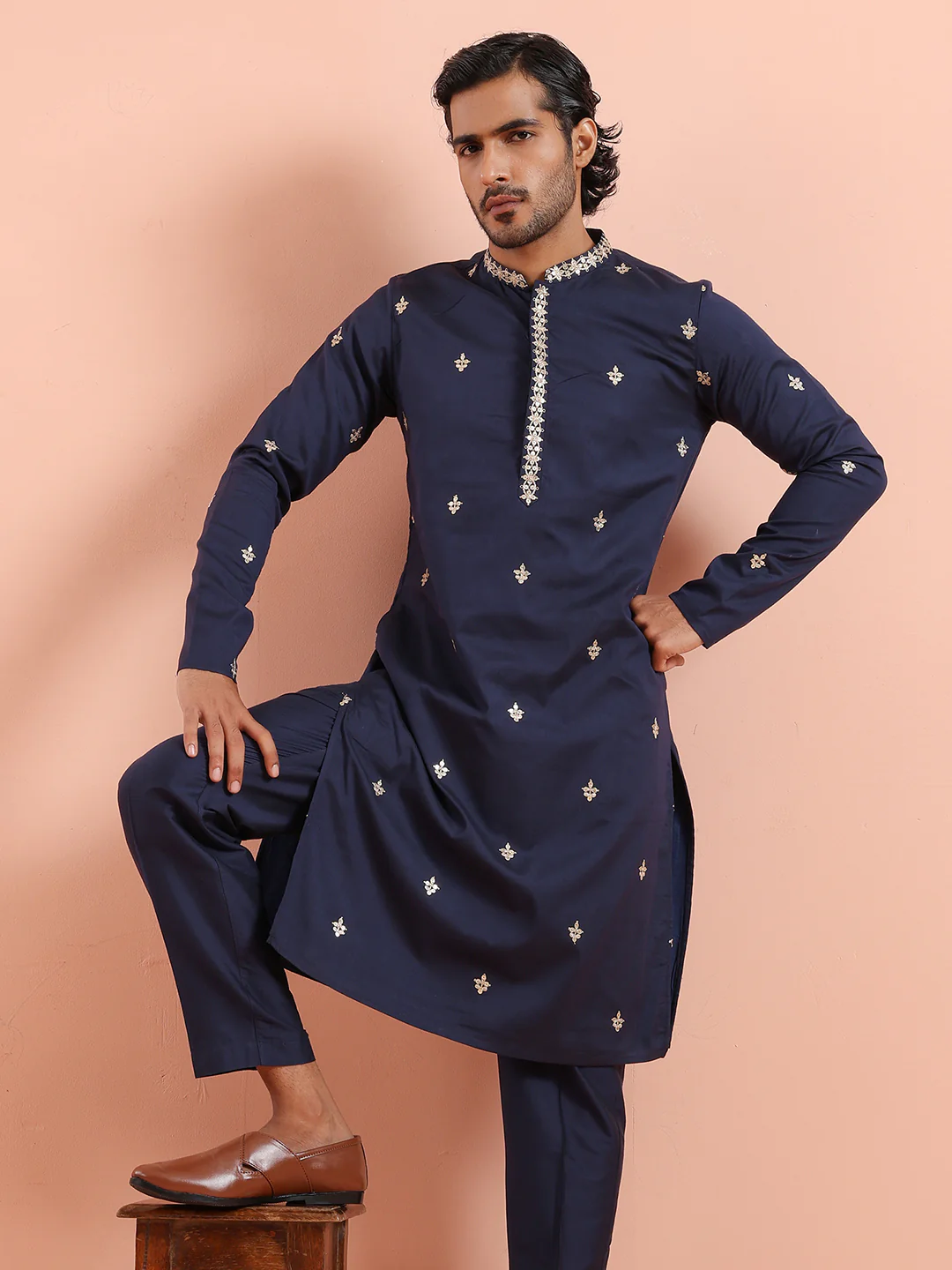 Navy Kurta with Delicate Embroidery