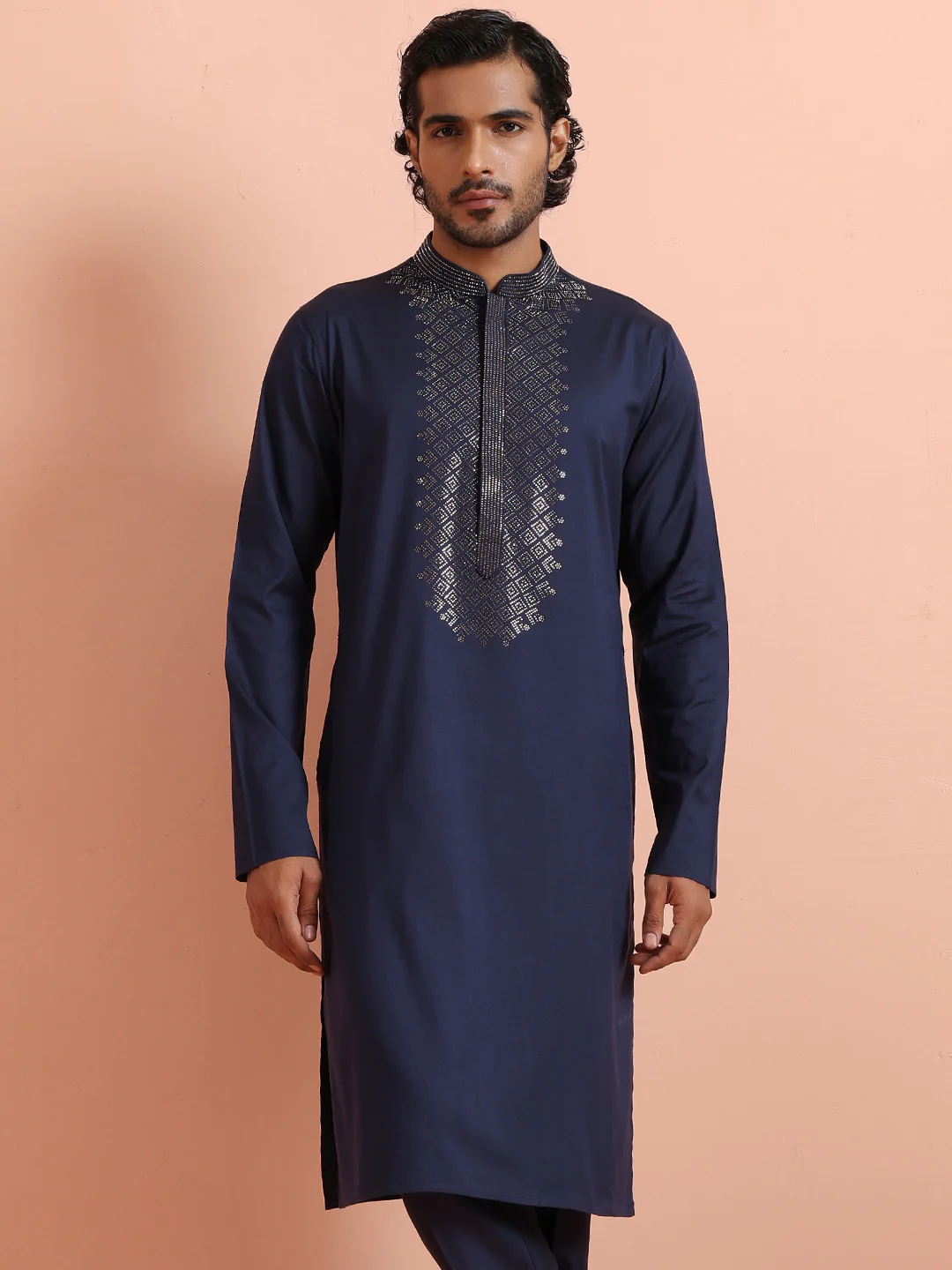 Navy Kurta with Geometric Embroidery
