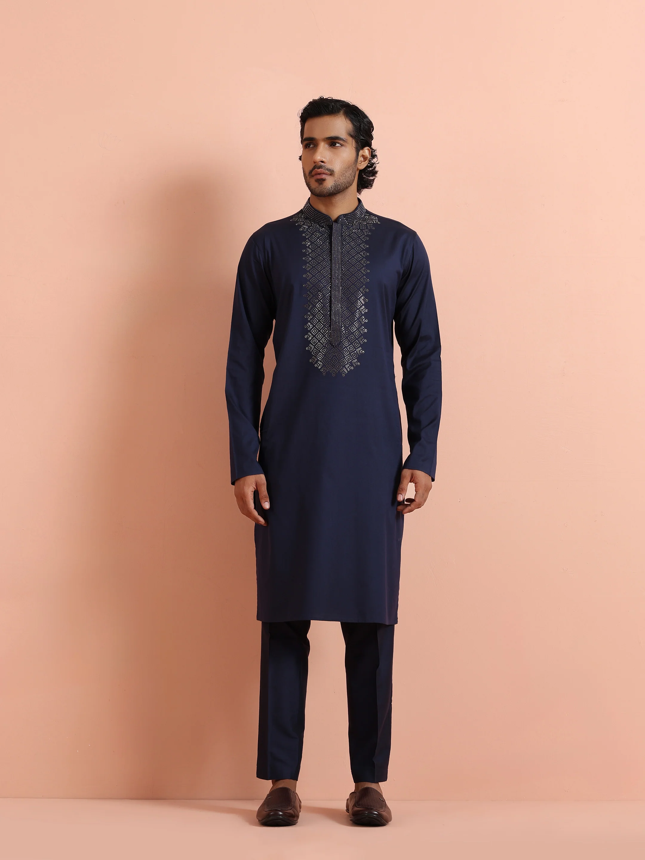 Navy Kurta with Geometric Embroidery - Image 7