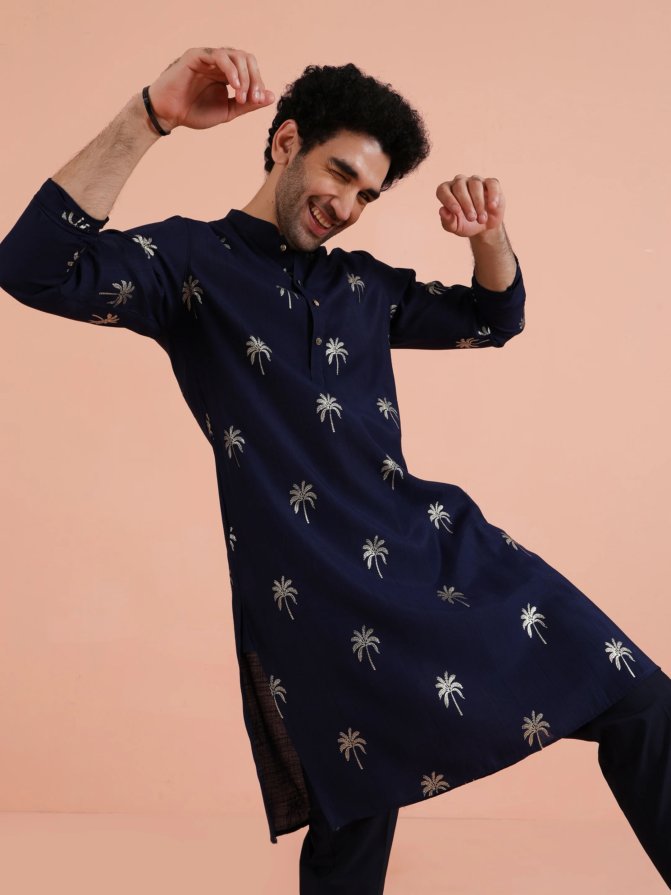 Navy Kurta with Palm Embroidery