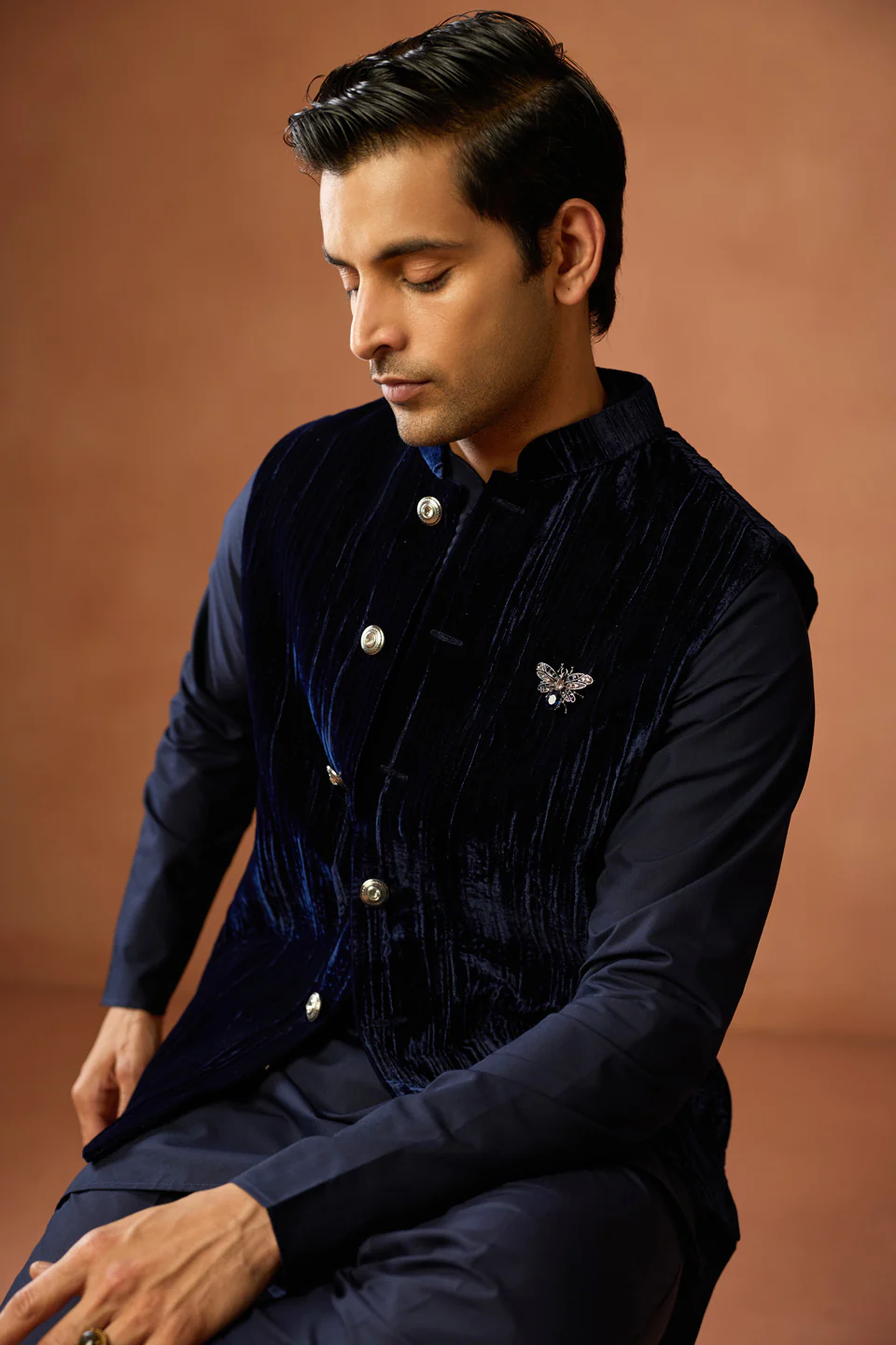 Navy Velvet Textured Nehru Jacket with Brooch