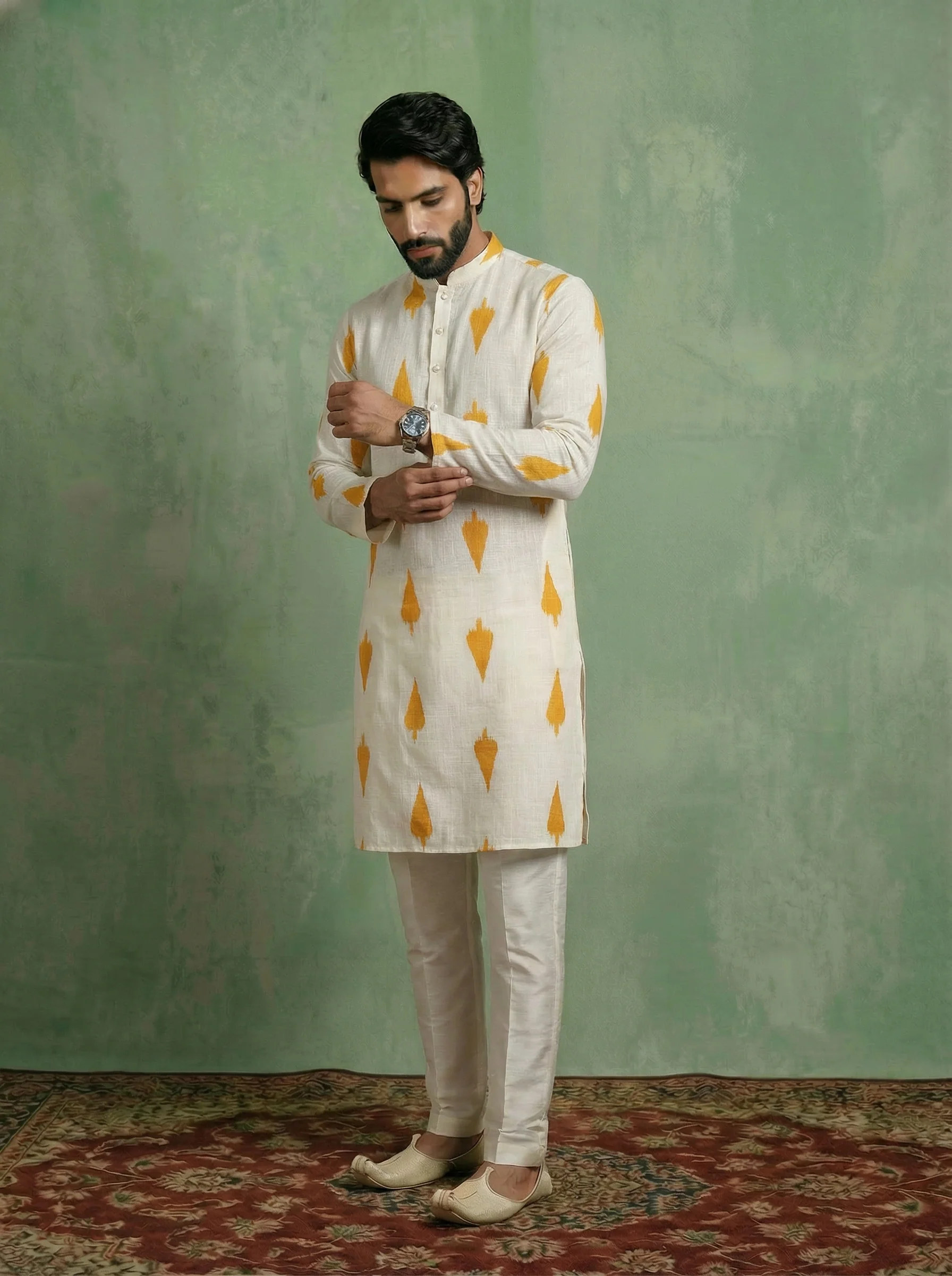 Off-White Cotton Blend Printed Long Kurta