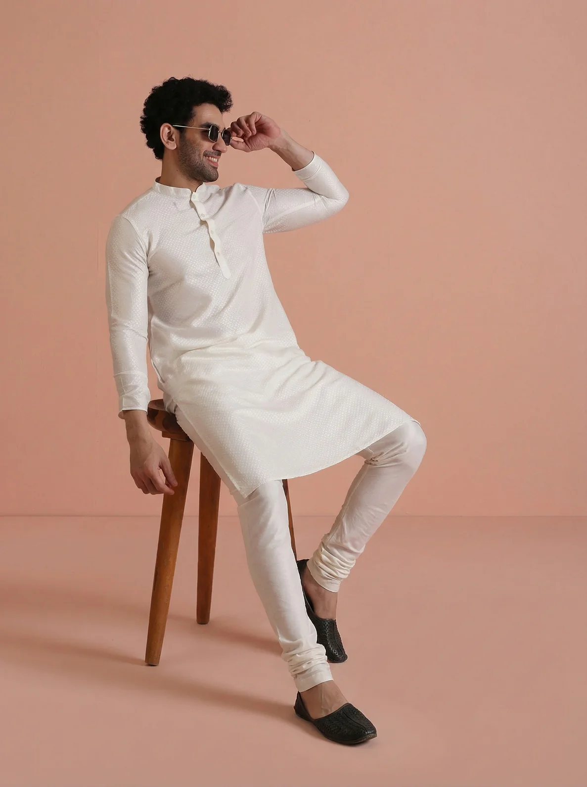 Off-White Cotton Blend Solid Kurta Churidar Set