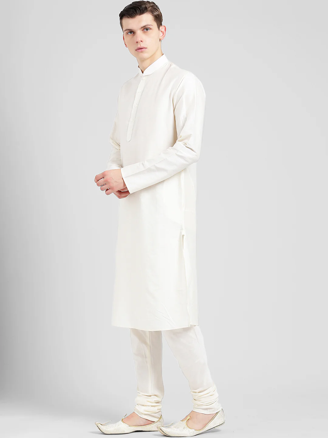 Off-White Cotton Blend Solid Plain Kurta - Image 3