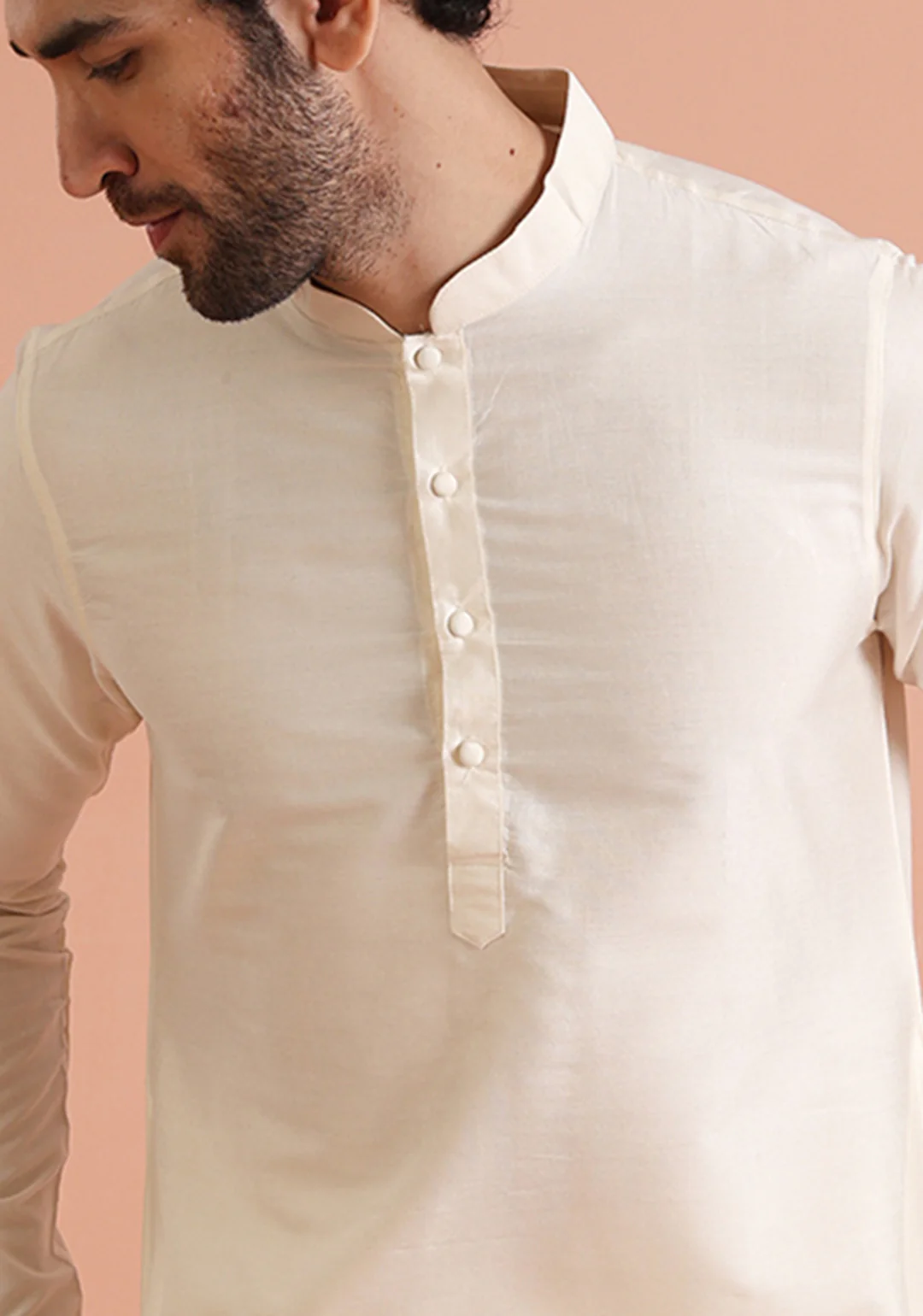 Off-White Cotton Blend Solid Plain Kurta - Image 5
