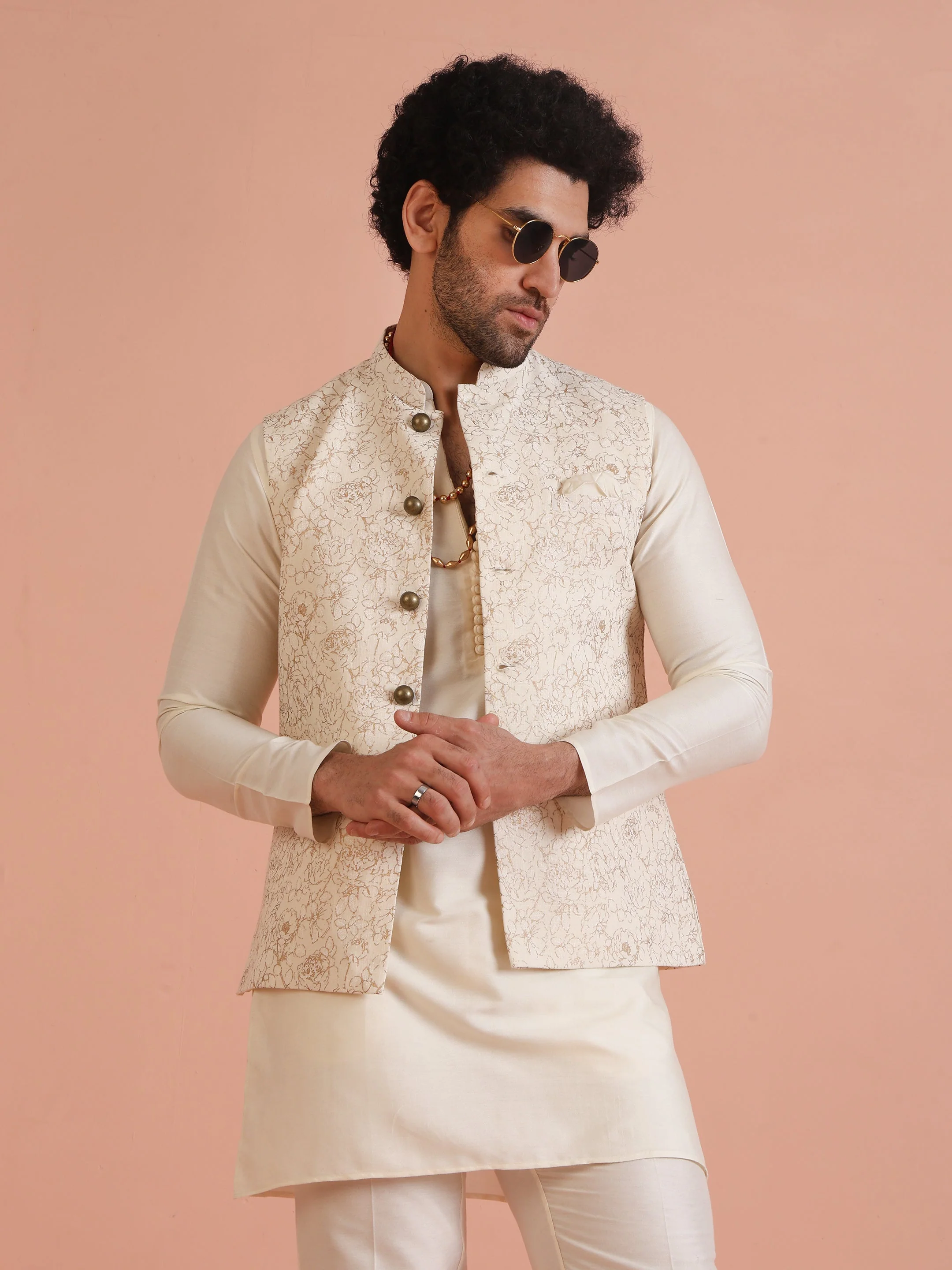 Off-White Floral Print Jacket Set with Kurta & Trouser - Image 7