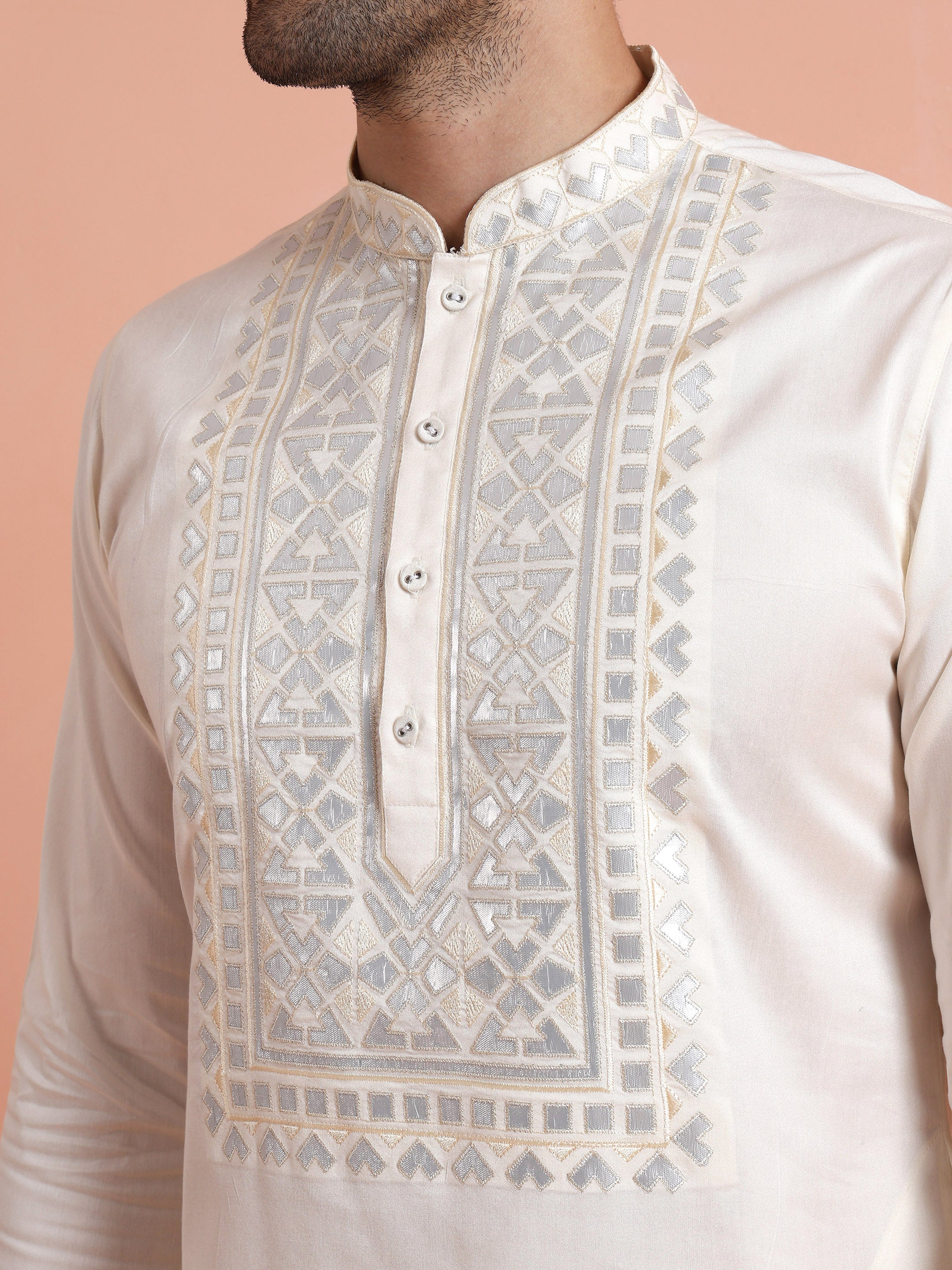 Cream Cotton Silk Embroidered Mid Kurta - Image 5