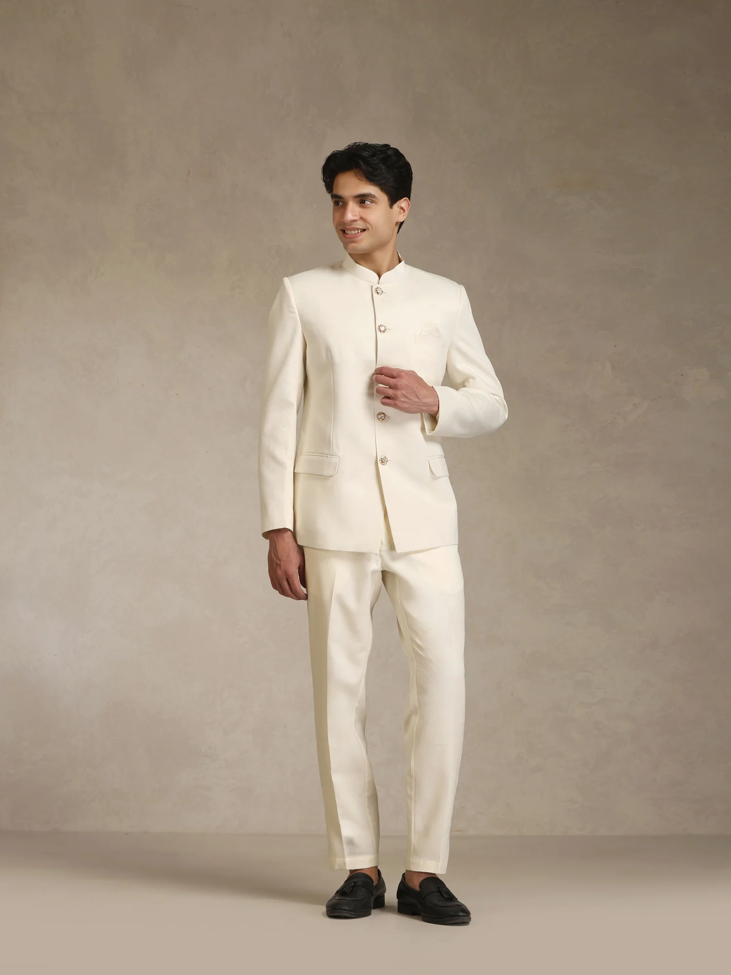 Off White Poly Viscose Solid Bandhgala Trouser Set
