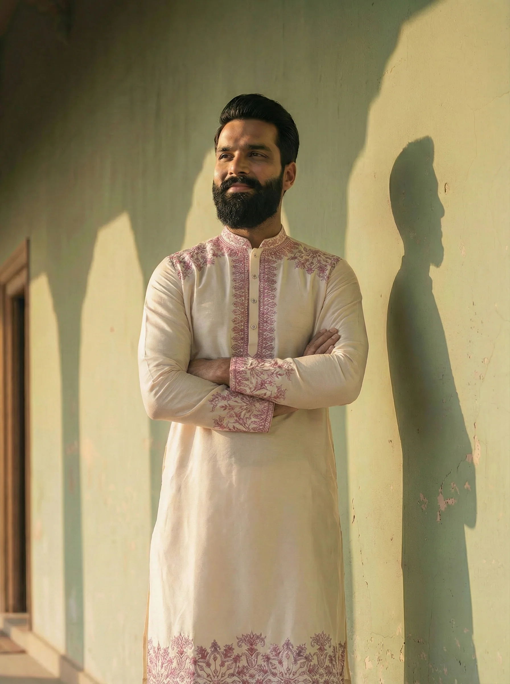 Off-White Silk Blend Embroidered Long Kurta