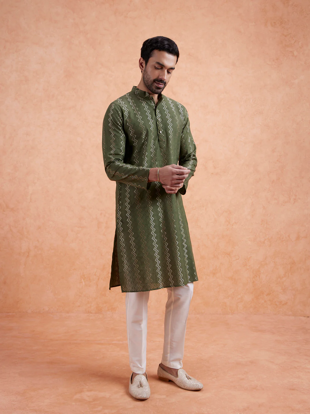 Green Cotton Blend Woven Long Kurta Trouser Set