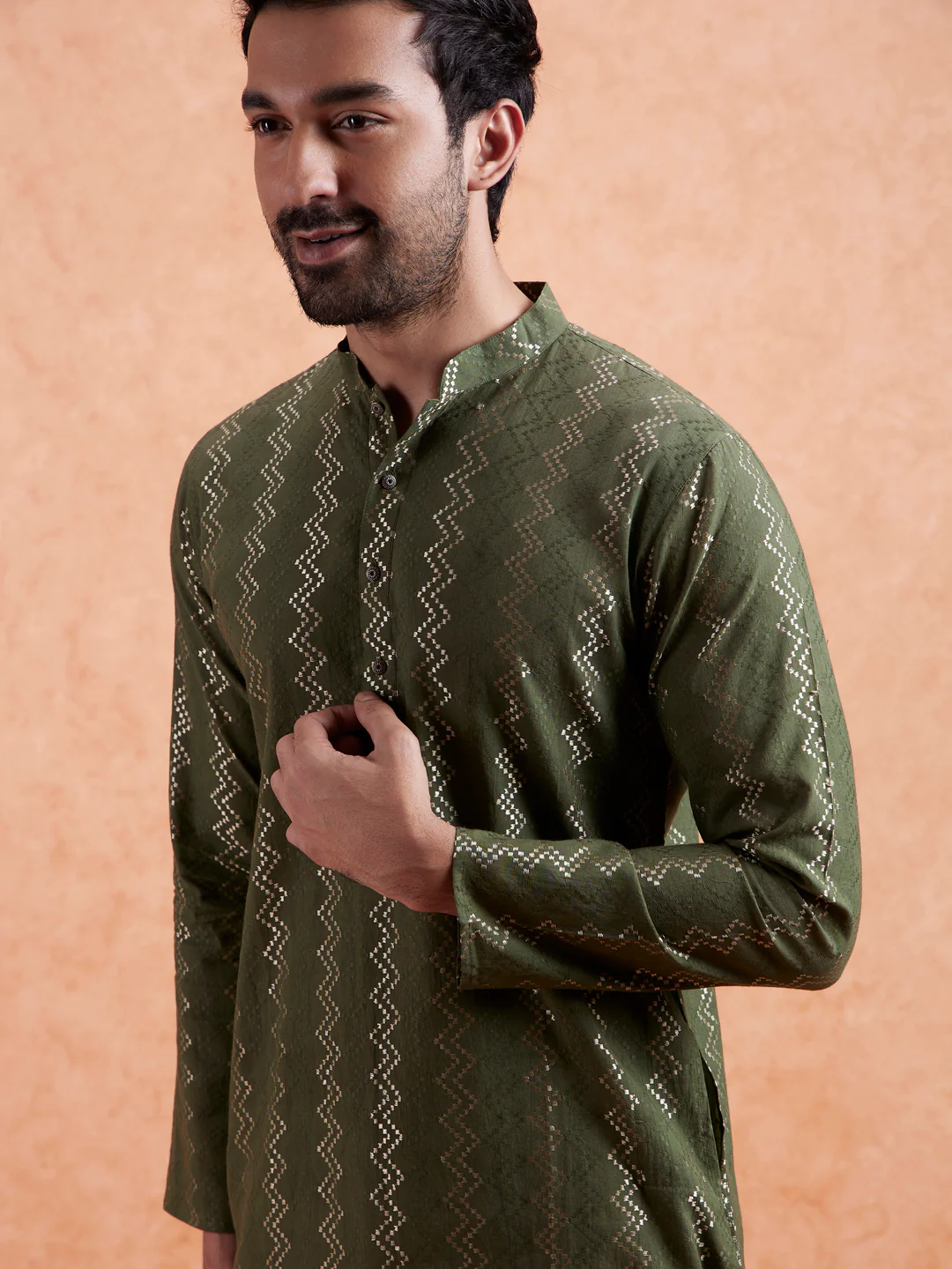 Green Cotton Blend Woven Long Kurta Trouser Set - Image 5