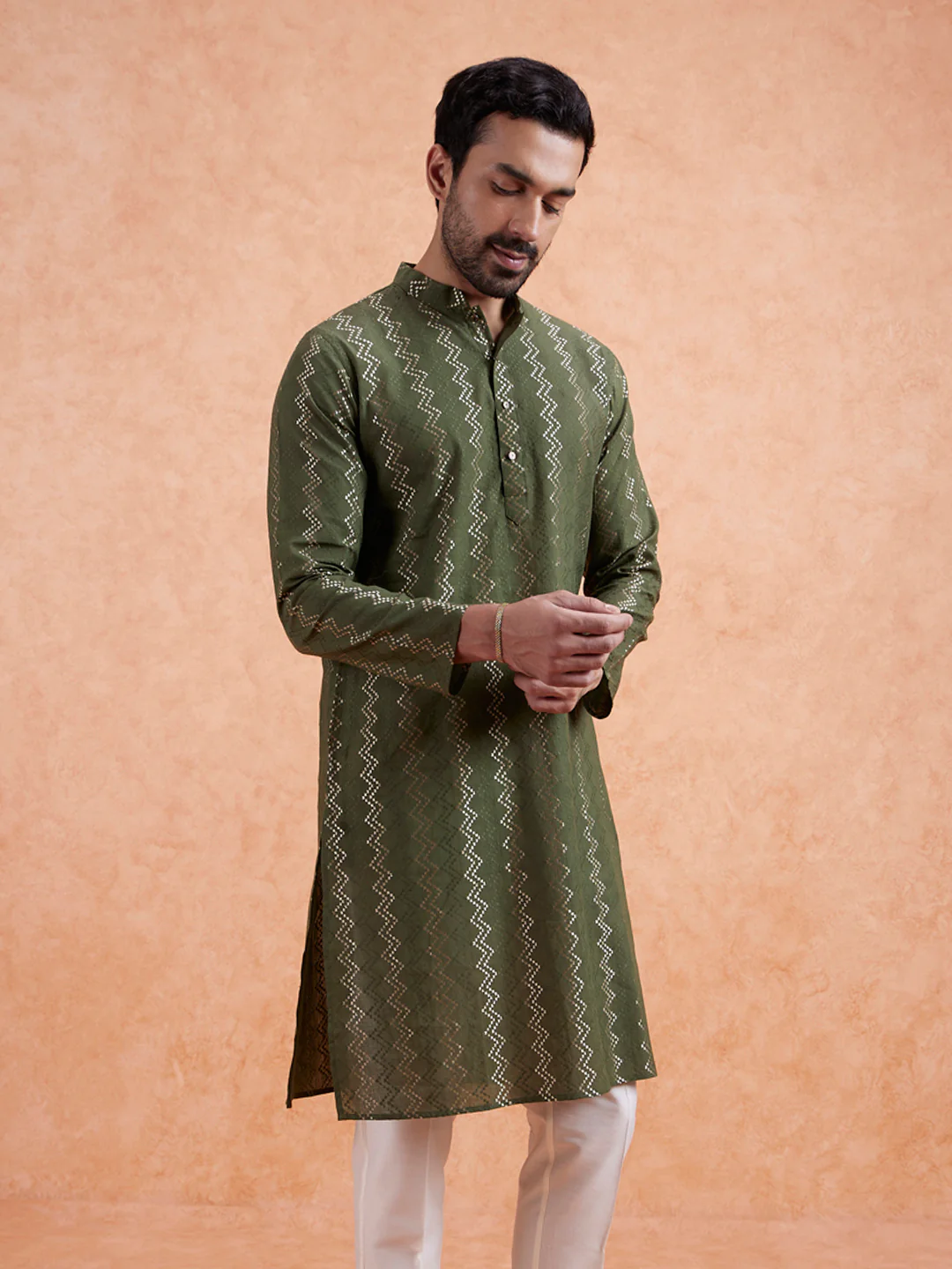Green Cotton Blend Woven Long Kurta Trouser Set - Image 7