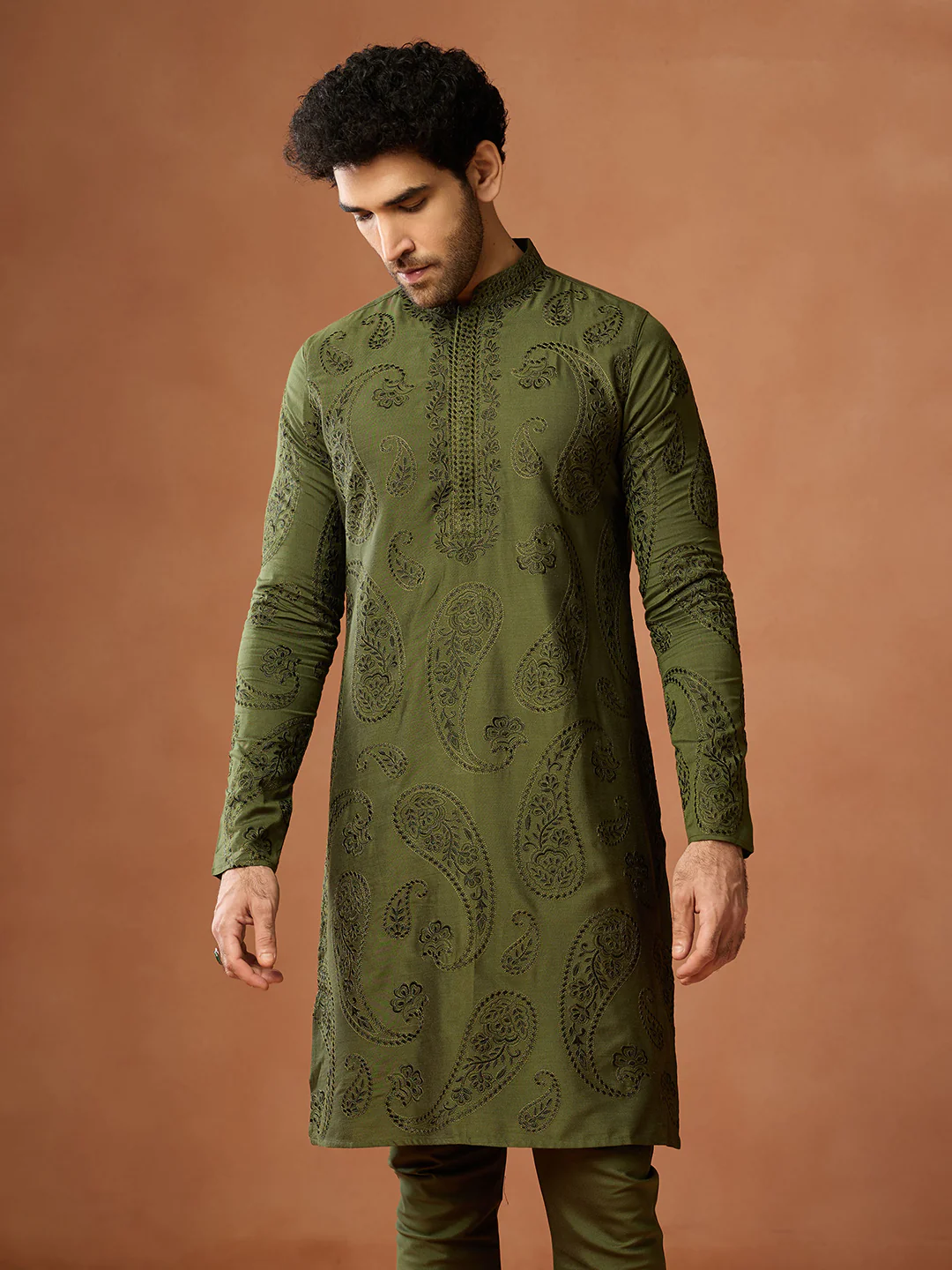 Olive Green Silk Blend Embroidered Kurta