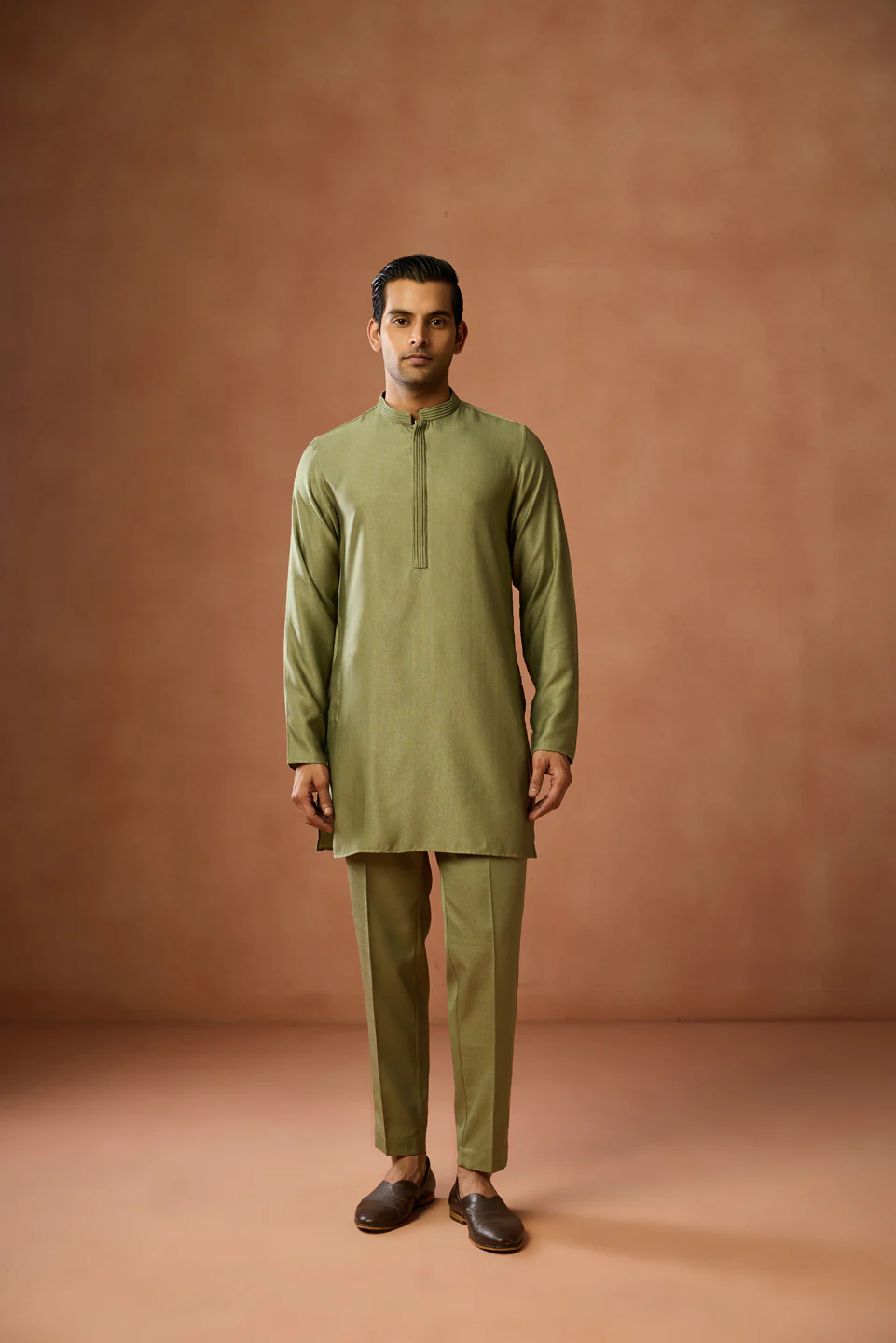 Olive Green Solid Mid Kurta Trouser Set