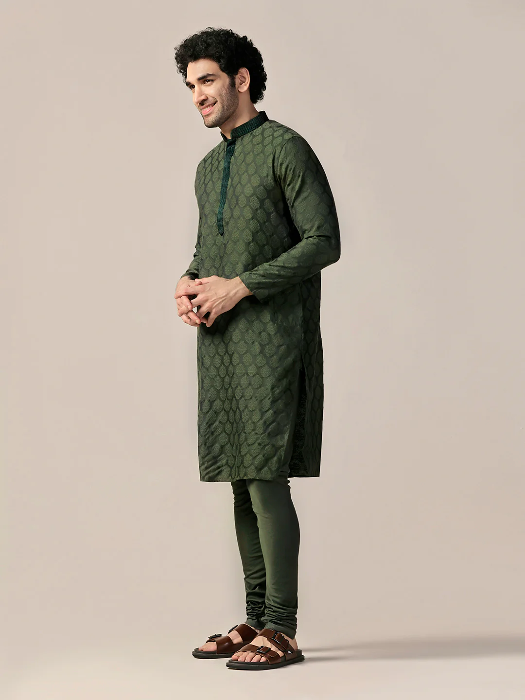 Olive Silk Blend Jacquard Kurta Churidar Set - Image 2