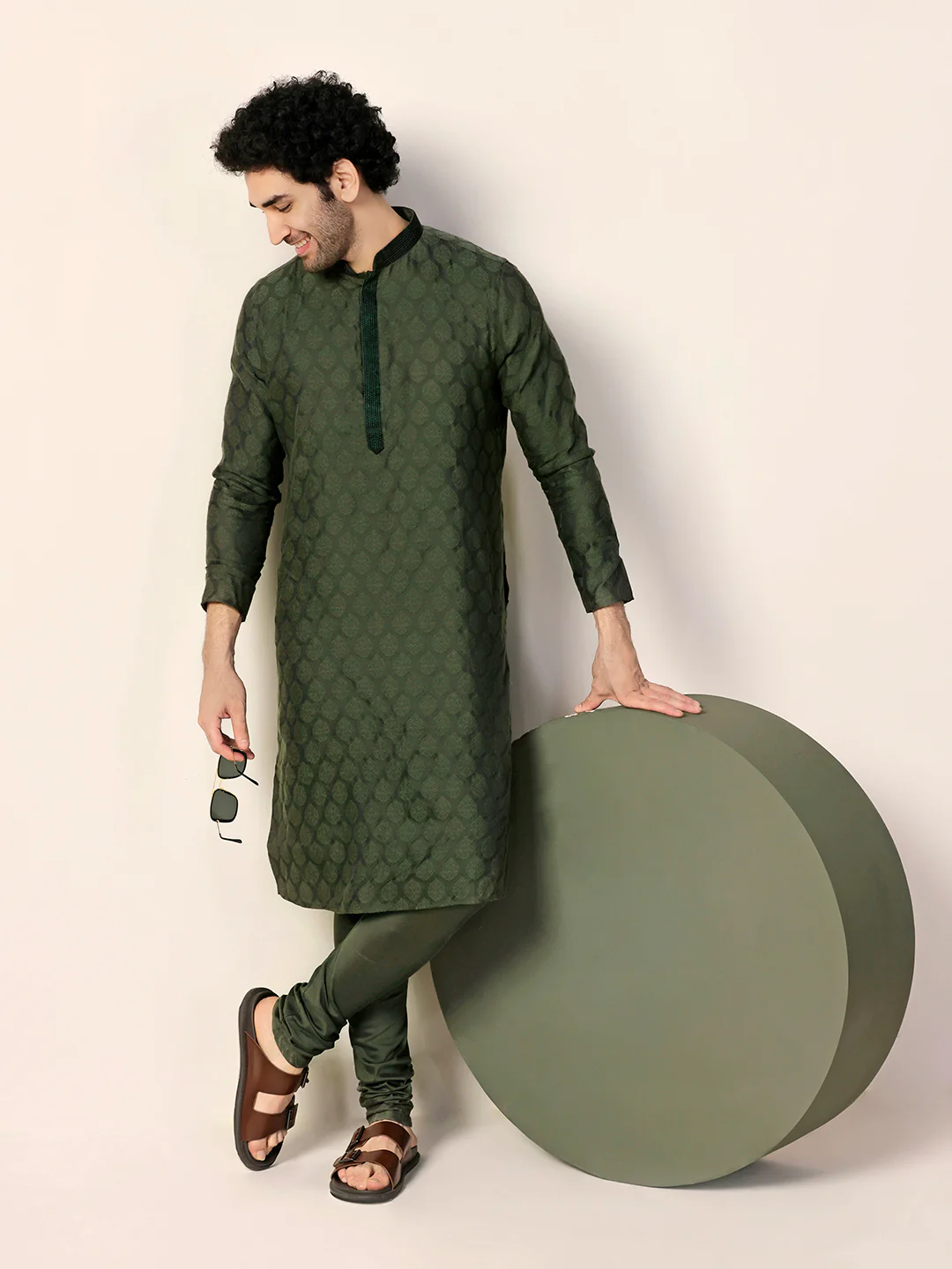 Olive Silk Blend Jacquard Kurta Churidar Set - Image 7