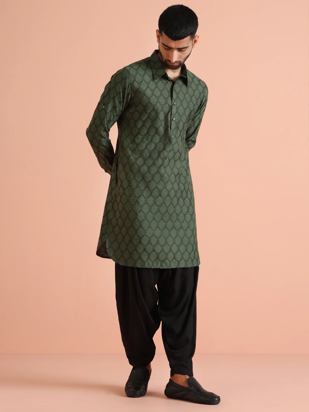 Green Silk Blend Self Design Pathani Kurta Patiyala Set - Image 2