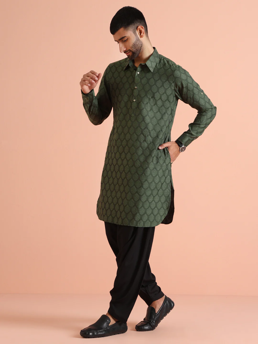 Green Silk Blend Self Design Pathani Kurta Patiyala Set - Image 3