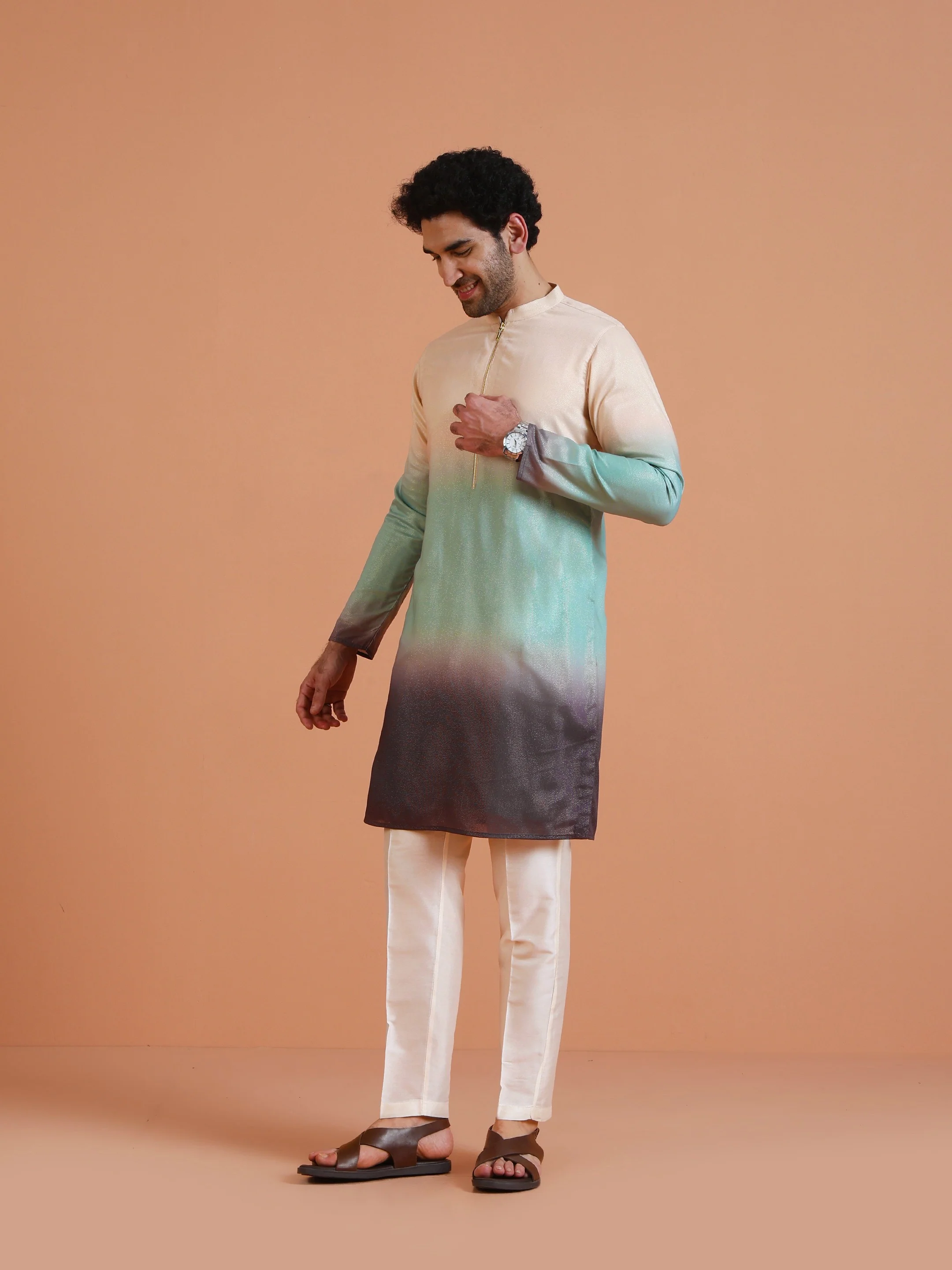 Ombre Dyed Kurta with Cream Trouser Set- Contemporary Wear - Image 2