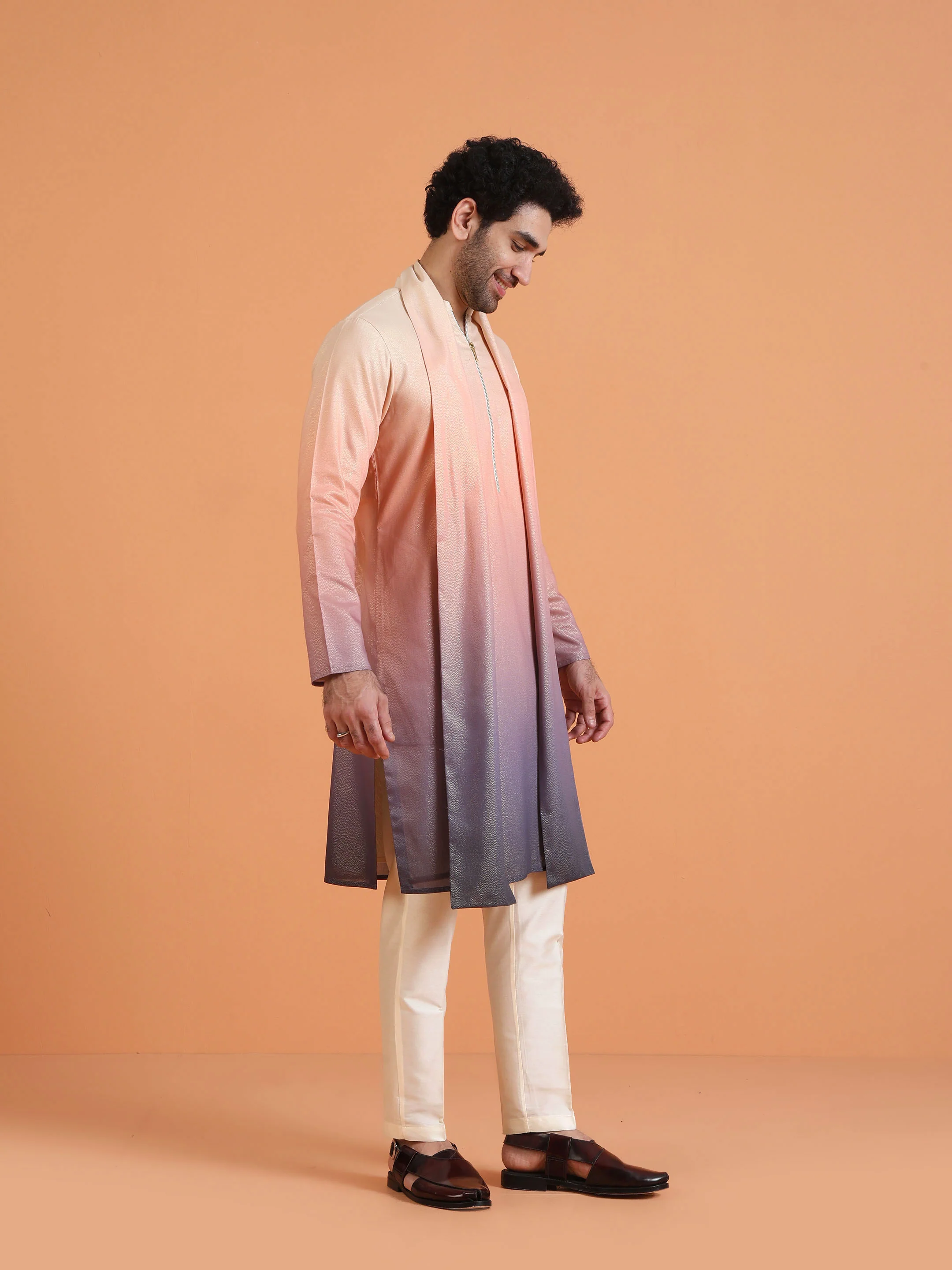 Peach Purple Ombre Satin Metallic Kurta Trouser Dupatta - Image 2