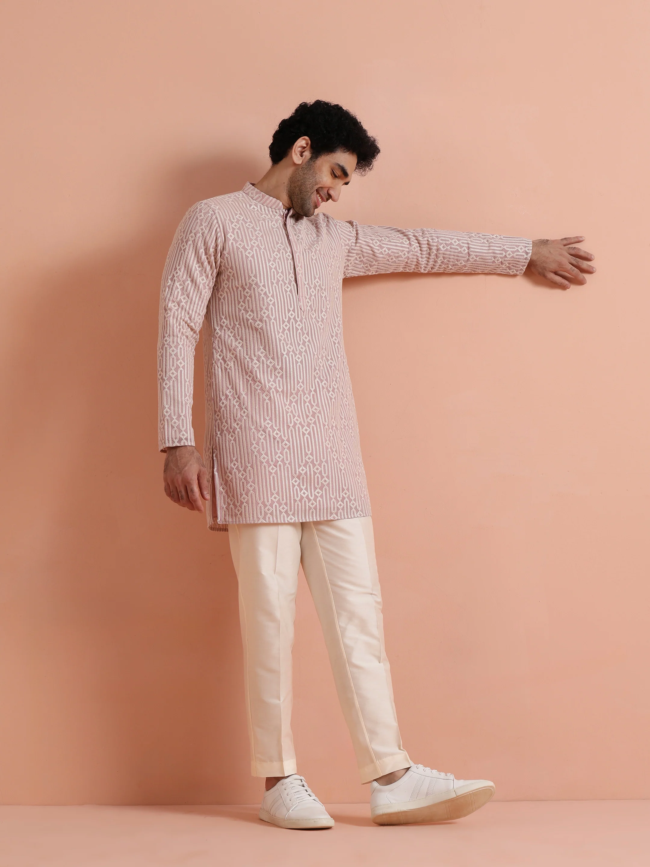Pink Embroidered Mid Kurta Trouser Set - Image 2