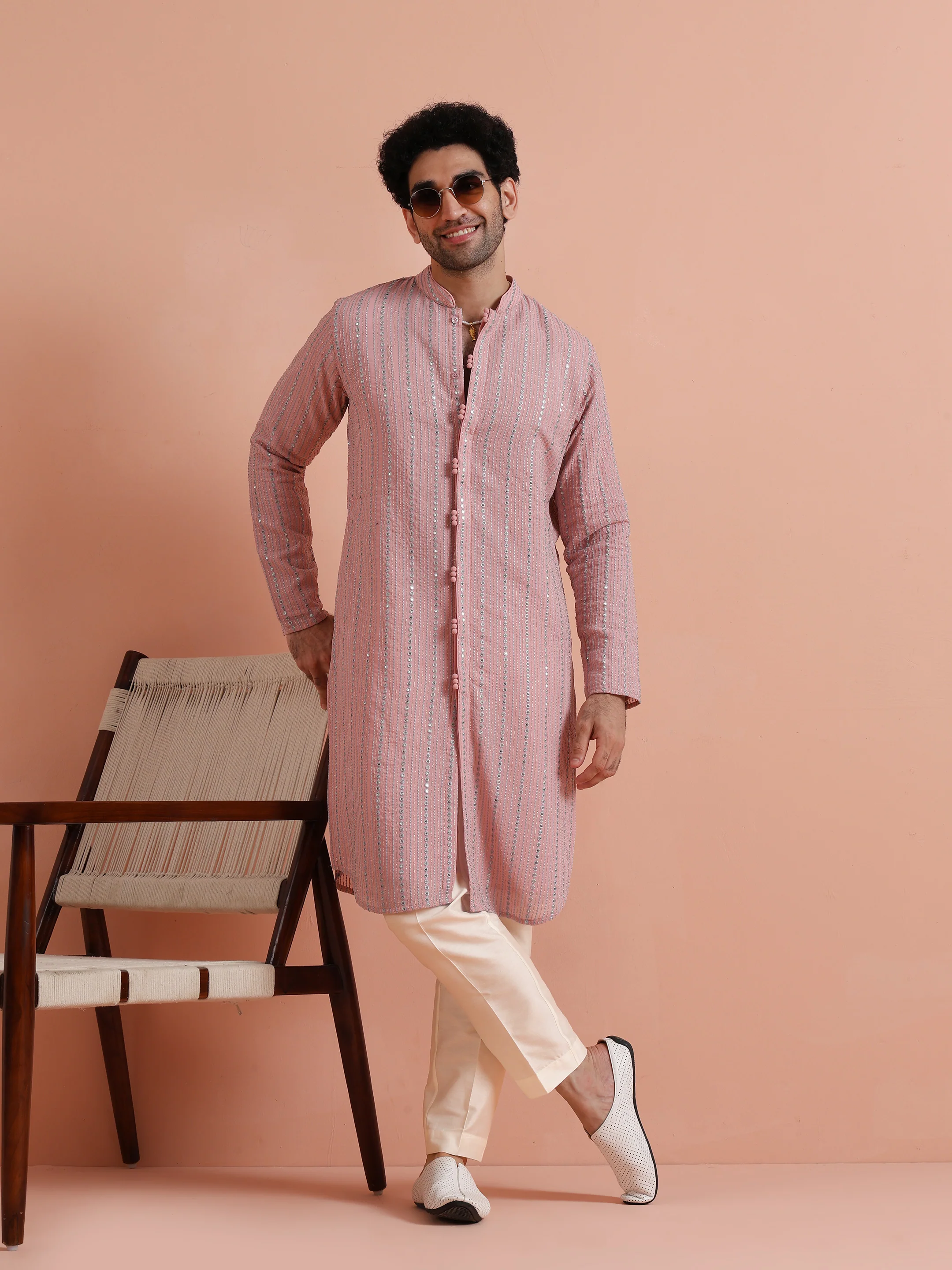 Pink Mirror Work Kurta Trouser Set