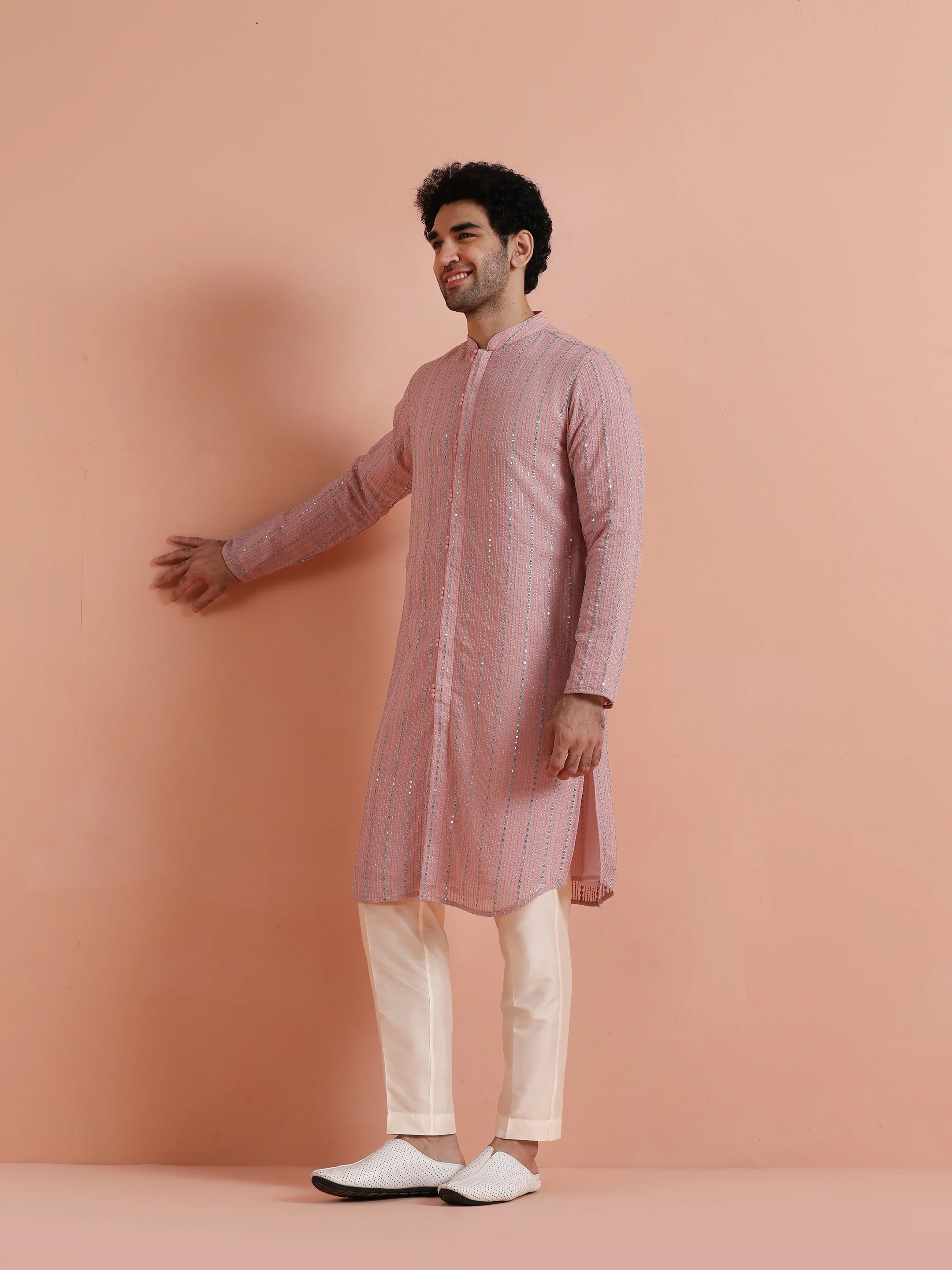 Pink Mirror Work Kurta Trouser Set - Image 2