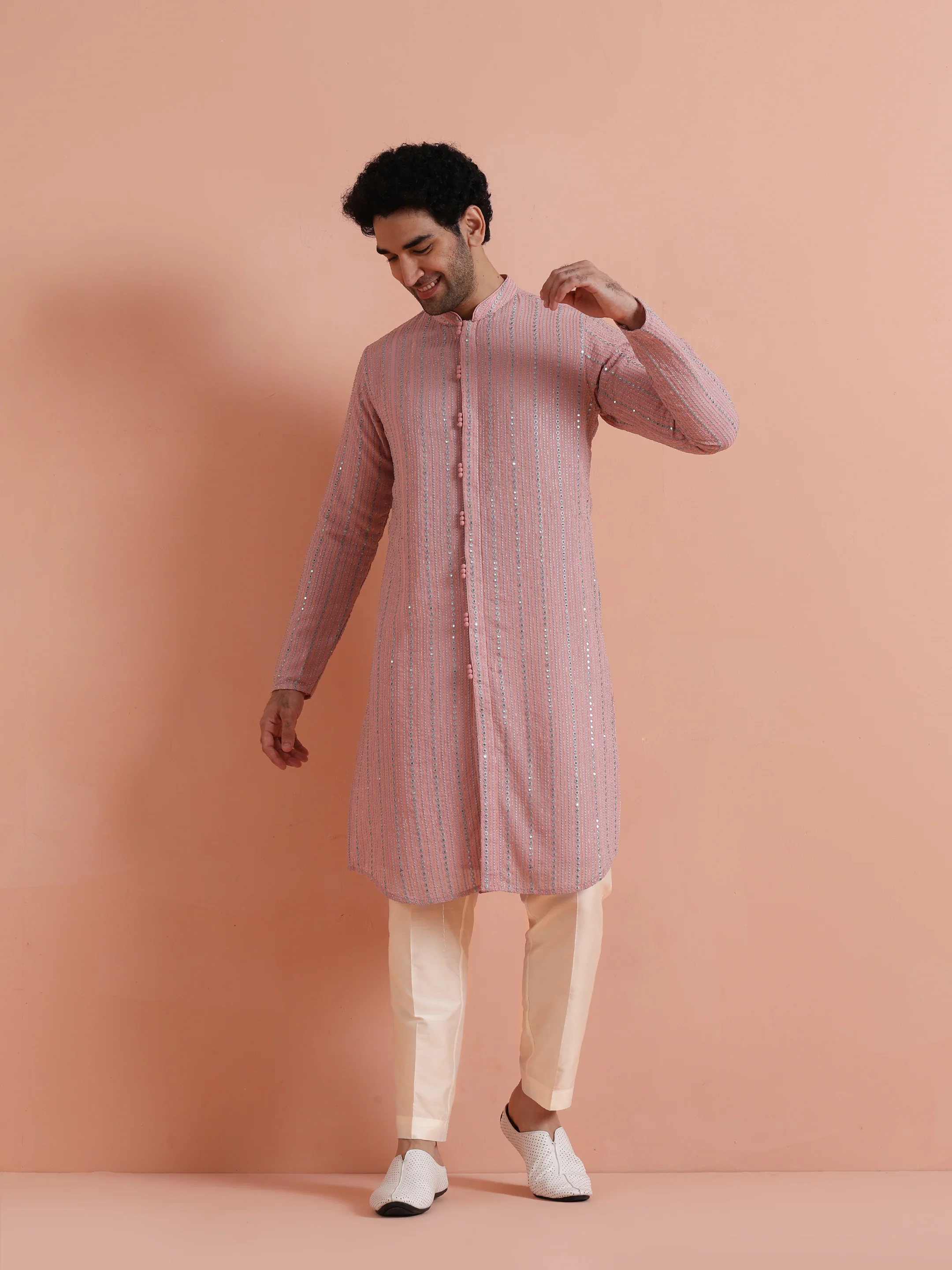 Pink Mirror Work Kurta Trouser Set - Image 7