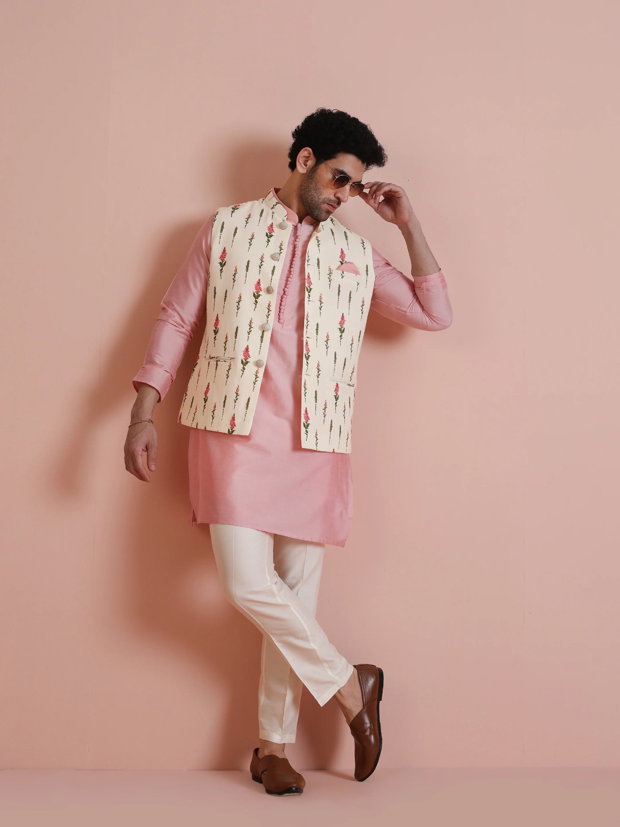 Pink Printed Cotton Blend Kurta Jacket Set