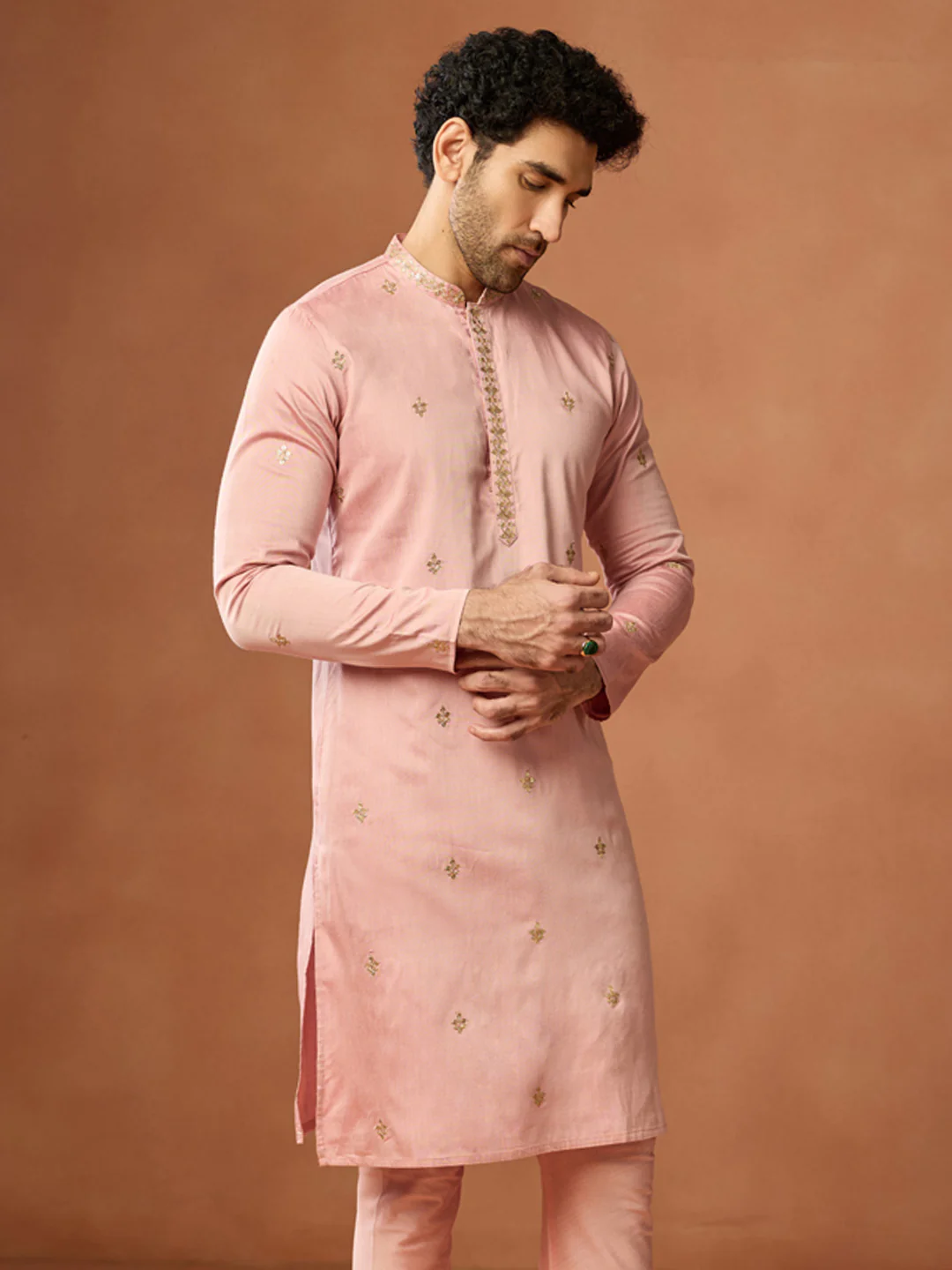 Pink Silk Blend Embroidered Kurta