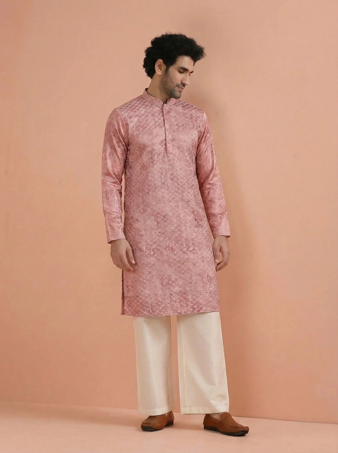 Pink Cotton Blend Embroidered Kurta Wide Leg Trouser Set - Image 2